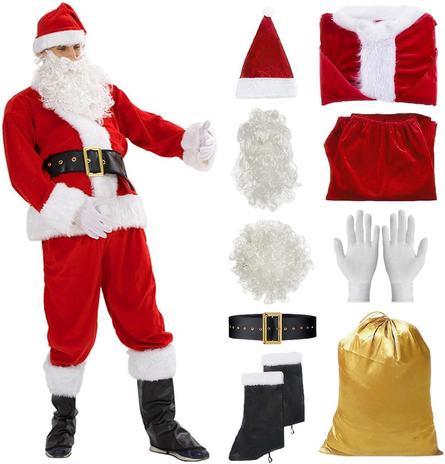 Santa Costume for Men - 9 PC Mens Santa Costume - Deluxe Santa Claus Suit for Men with Gold Gift Bag for Christmas, New Year, Parties, Birthdays - Quality Red Plush Adults Santa Suit