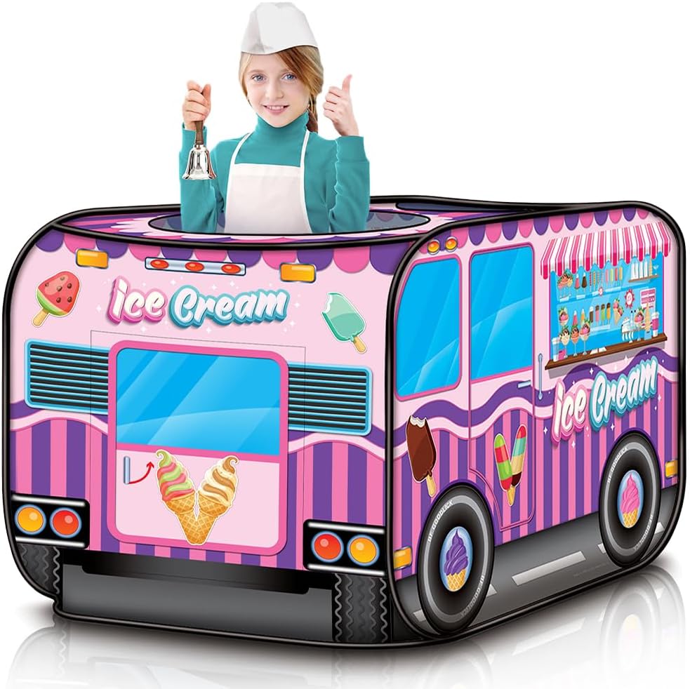 Ice Cream Truck Tent with Carry Bag, Pop Up Indoor - Outdoor Tent for Kids, Indoor Playhouse with 2 Openings, Flat-Folding Play Tent for Toddlers, Compact Storage 43.5 x 28 x 26.5"es