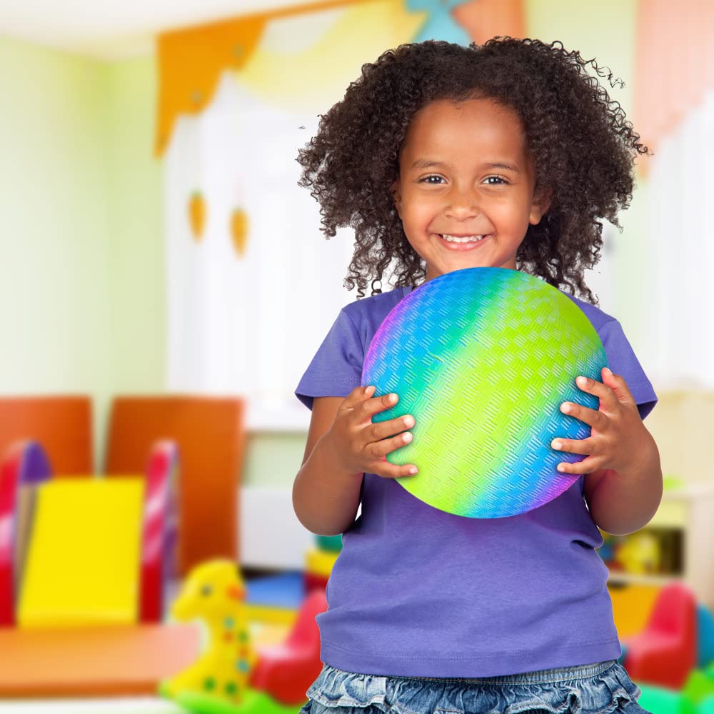Rainbow Playground Ball for Kids with Hand Pump, Bouncy 9 Inch Kick Ball for Backyard, Park, and Beach Outdoor Fun