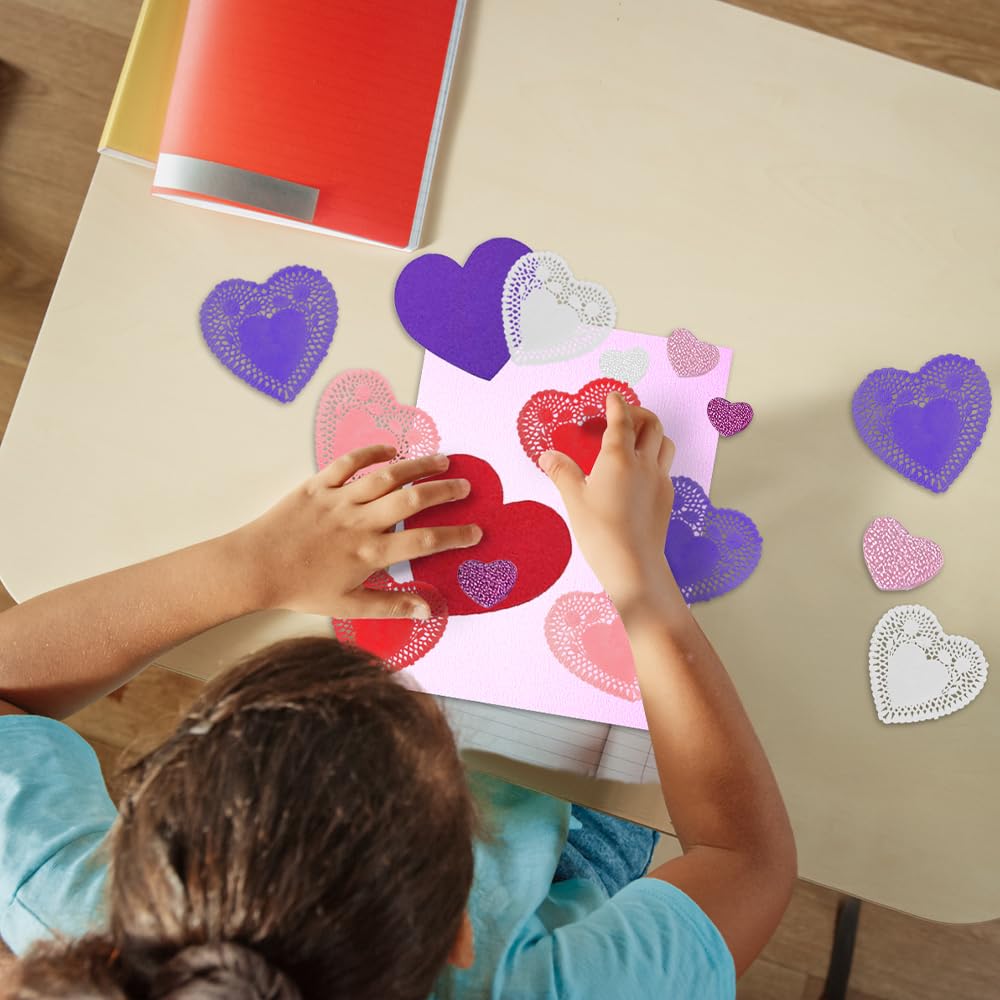 126+ Pcs Valentine's Day Heart Doilies Card Crafts for Kids - Valentine Day Crafts for Classroom Parties - Valentines Craft Supplies Kits with Heart Doilies and Glitter Foam Stickers