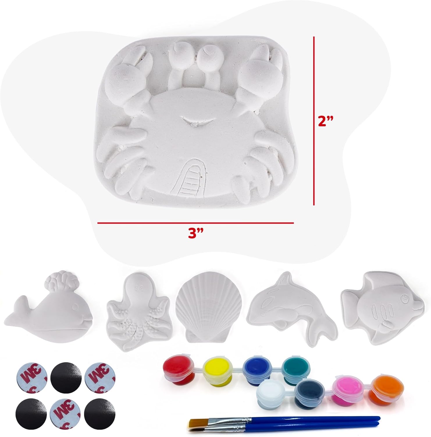 Ocean Animals Plaster Painting Kit for Kids - 6 Aquatic Plaster Figurines, 2 Paint Sets, 2 Brushes, and 6 Circle Magnets for Display - 8 Different Paint Colors - Kids Painting Set