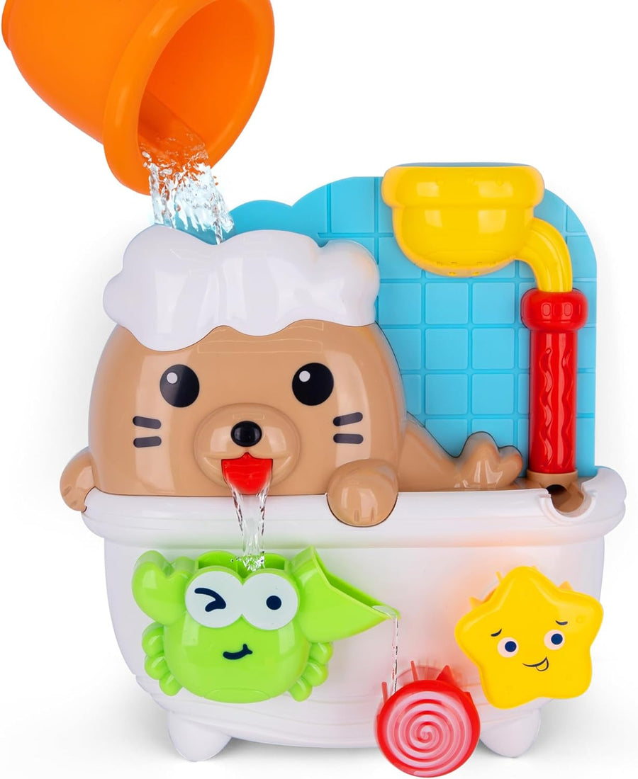Sea Lion Bath Toy for Kids - Waterfall Bath Toy with Bobbing Crab, Spinning Wheel, and Strong Suction Cups