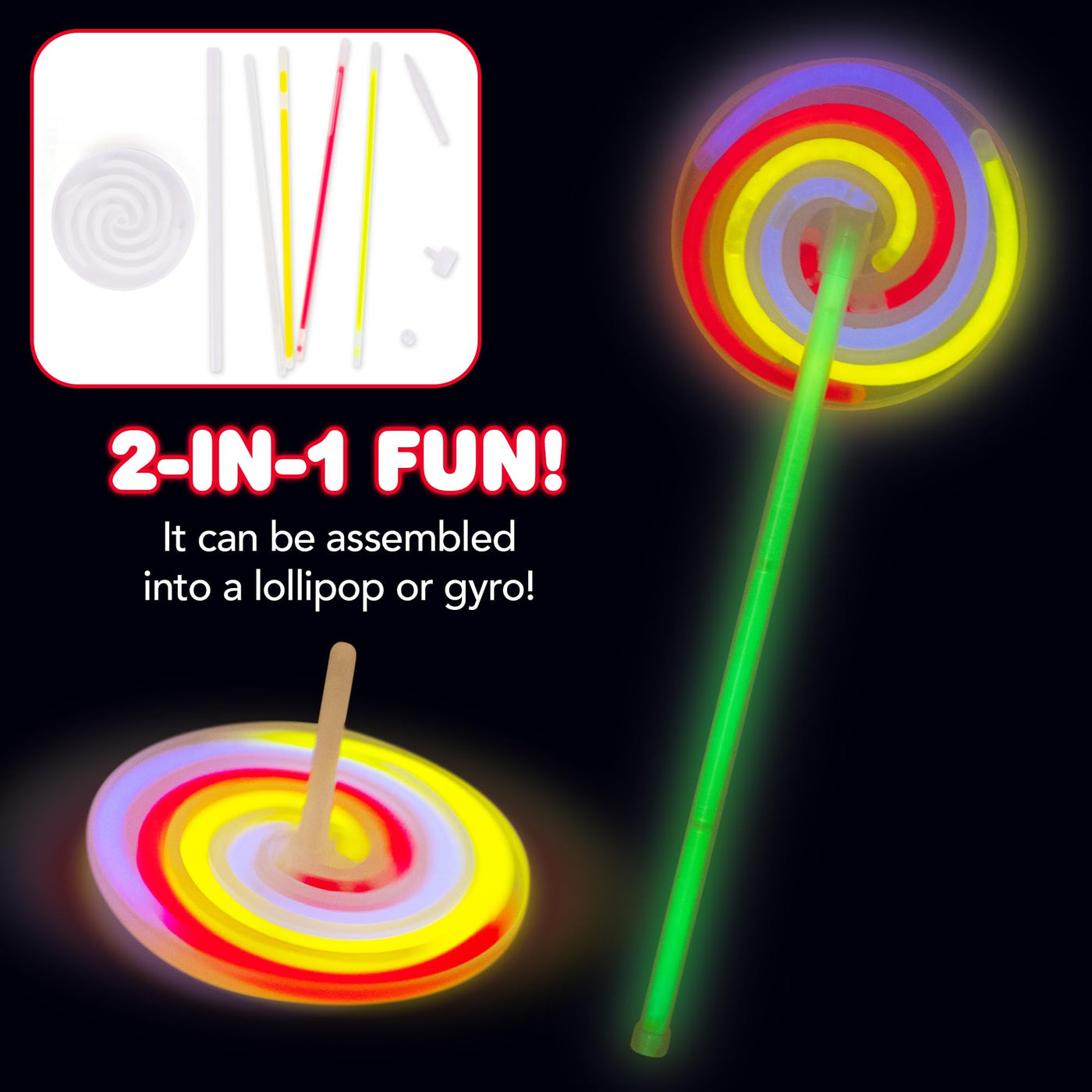 Kids Glow Stick Lollipop Spinner Wands - Set of 12 Light Up Spinning Toys - Glow Stick Wands That Double as Gyro Top Spinners