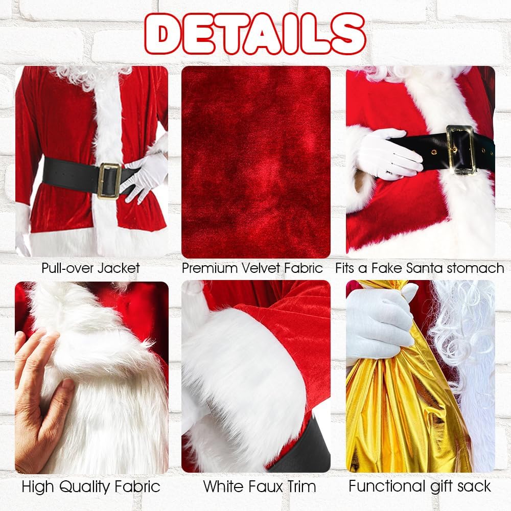 Santa Costume for Men - 9 PC Mens Santa Costume - Deluxe Santa Claus Suit for Men with Gold Gift Bag for Christmas, New Year, Parties, Birthdays - Quality Red Plush Adults Santa Suit