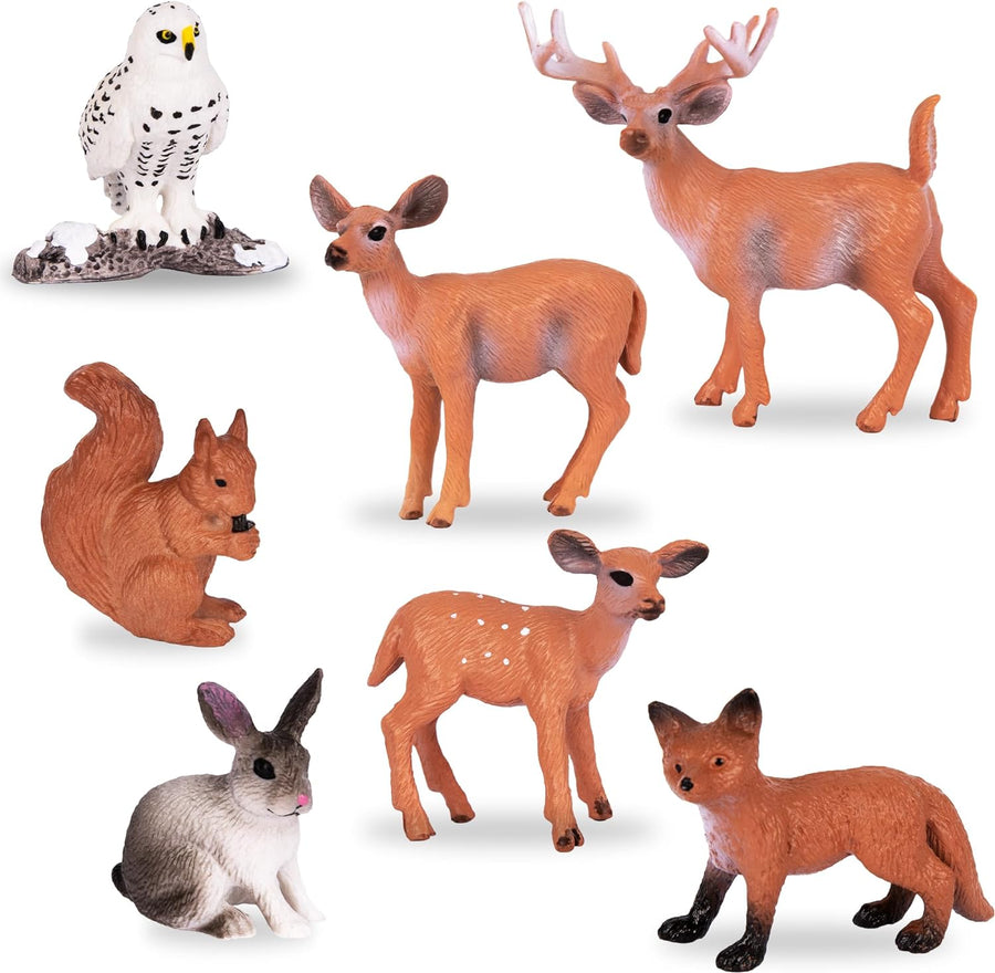 Forest Animal Figures - Set of 7 Woodland Animals - Mini Forest Animal Figurines for Woodland Cupcake Topper Decorations