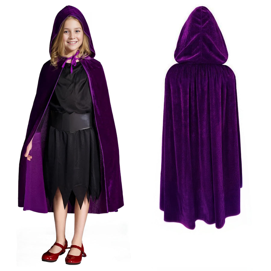 Velvet Purple Hooded Cloak for Kids - 3ft Long Kids Cloak - Dark Purple Cape with Hood and String Closure - Vampire Cape for Kids