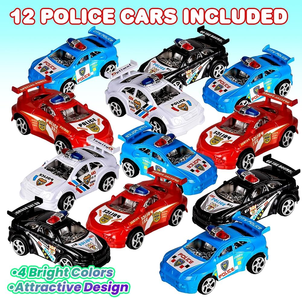 Pullback Mini Police Toy Cars for Kids, Set of 12, Pull Back Racers in Assorted Colors, Police Birthday Party Favors for Boys and Girls, Goodie Bag Fillers, Small Game Prizes