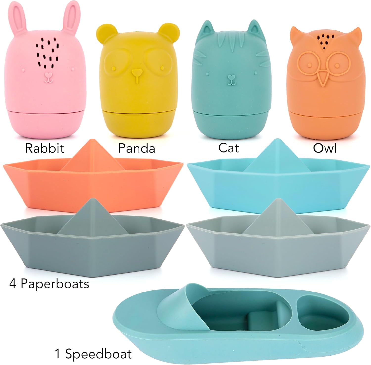 Silicone Bath Toys for Babies - Set of 9 Mold Free Bath Toys - Bathtub Toys with 4 Animal, 4 Boat, and 1 Speedboat Design