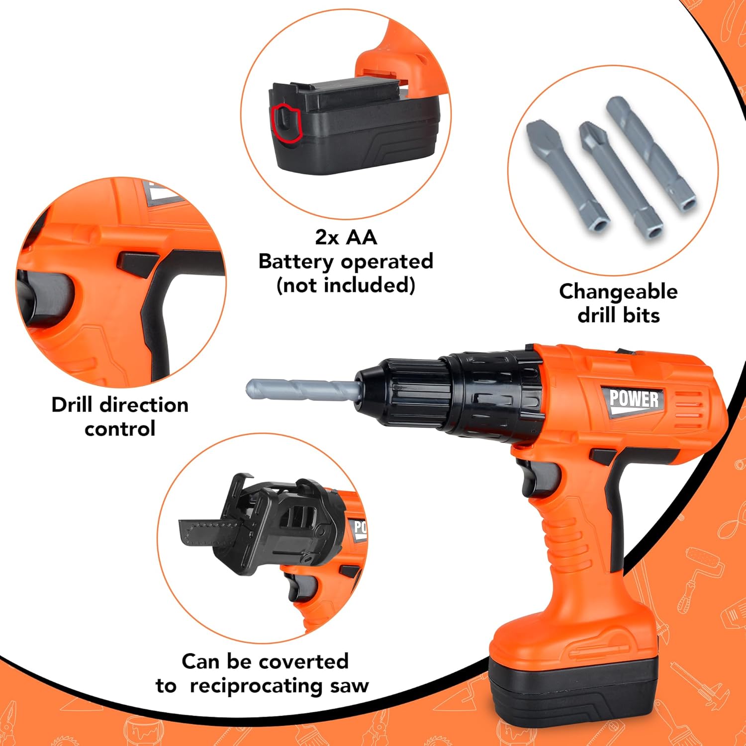 Power Drill Tool Set for Kids - Pretend Playset with 2-in-1 Toy Drill with Lights, Sounds, Motion - Includes Toy Hammer, Pliers, Bolts, Screwdriver and More - Sturdy Bag for Storage