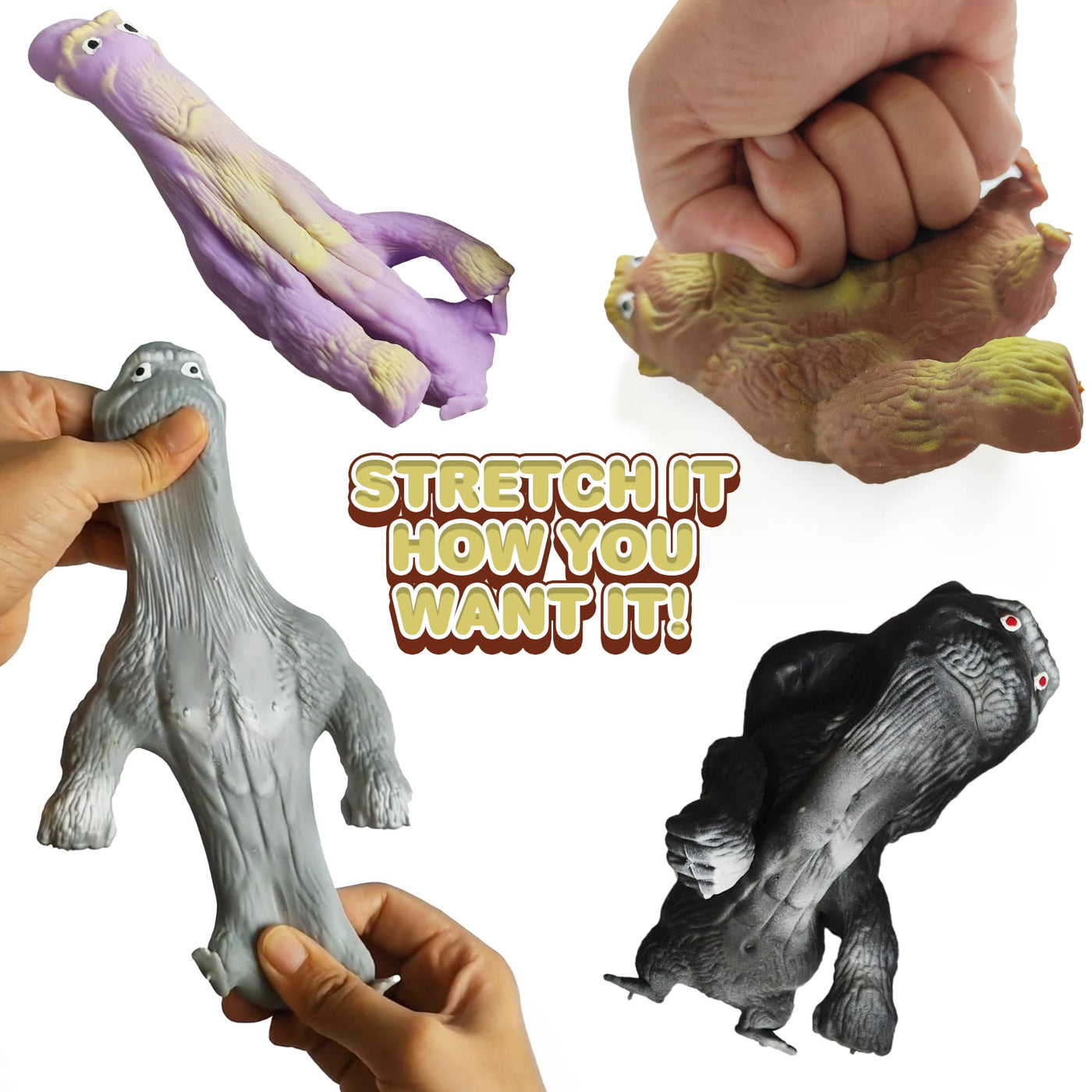 12 PK Full-Size Stretchy Gorilla Toys - Squishy Gorilla Fidget Toys in 4 Colors - Arms Extend Up to 3 Feet - Unique Sandy Feel - Fidget Party Favors - Jungle Party Supplies