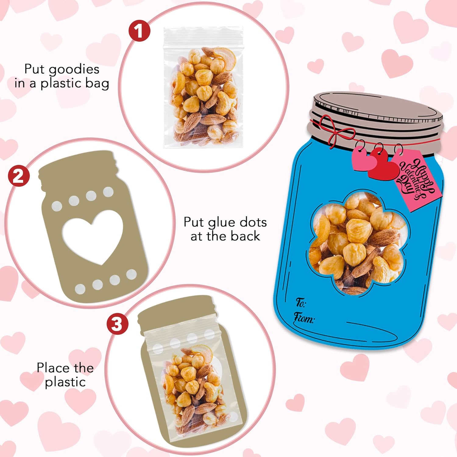 Mason Jar Valentines Day Cards - Set of 50 - Kids Valentine Candy Jar Cards with 50 Plastic Bags and Glue