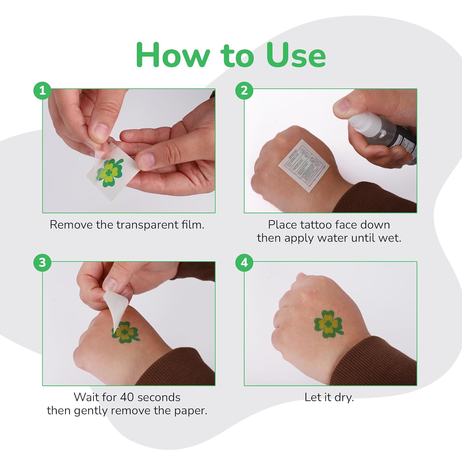 St Patrick’s Day Tattoos with Glitter - Set of 50 - Individual Temporary Shamrock Tattoos in 5 Designs - St. Patrick’s Day Party Favors - St Patty’s Accessories
