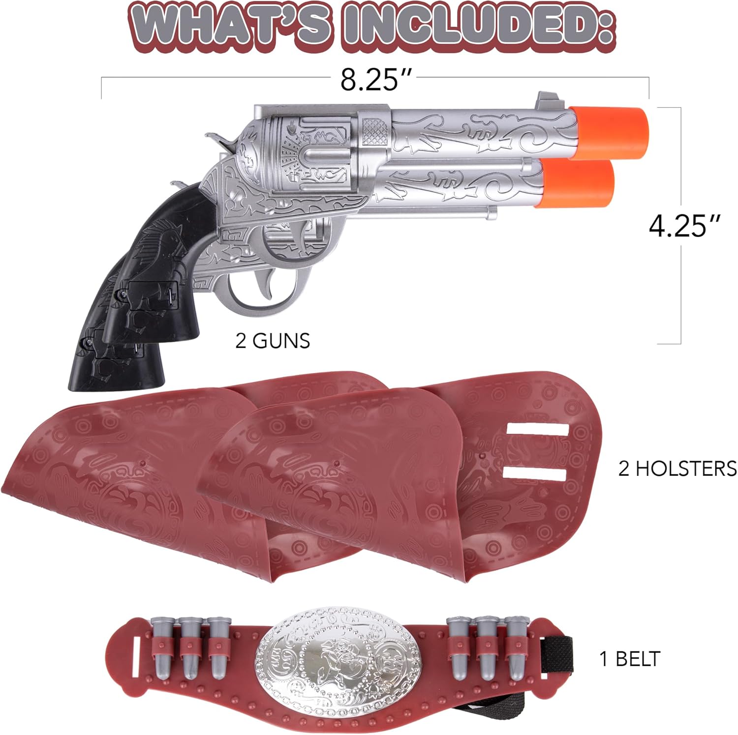 Cowboy Gun Belt and Holster - Cowboy Holster Set Includes 2 Toy Guns with Sound, Toy Gun Holster, Brown Western Belt, and 6 Fake Bullets