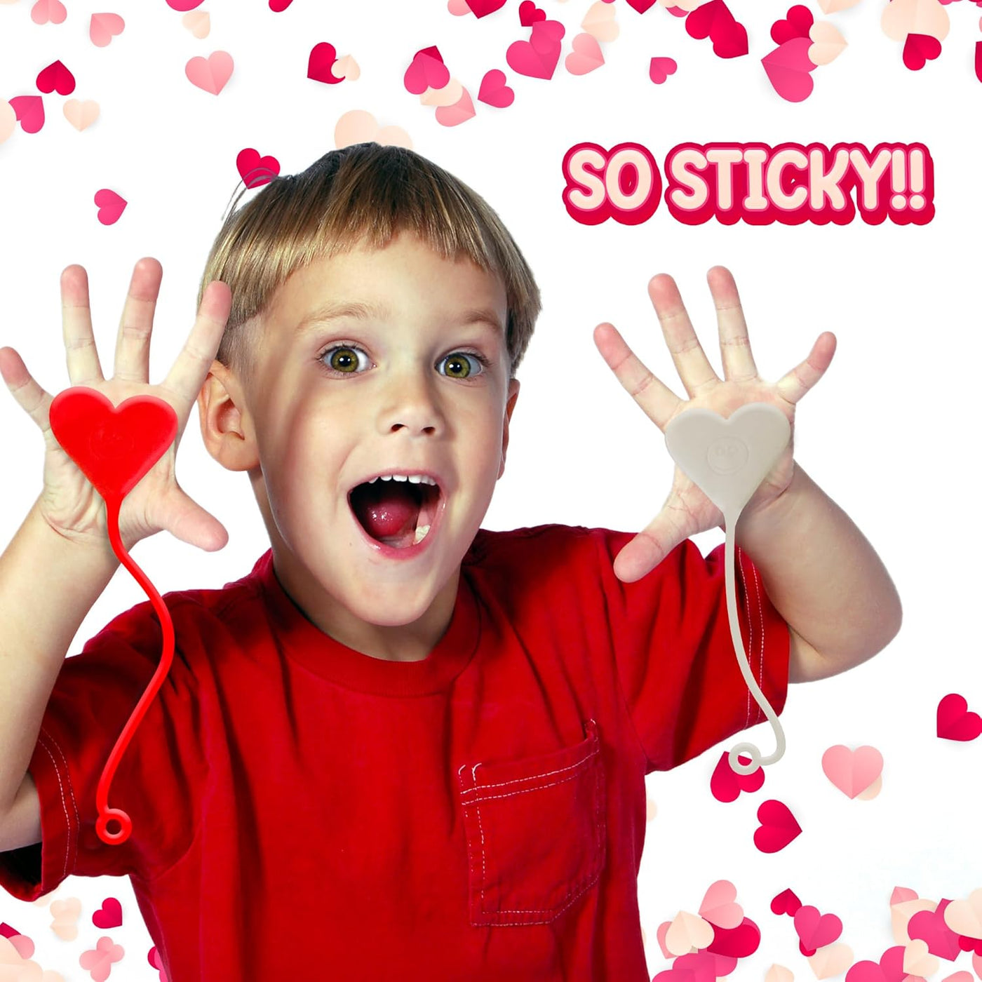 Sticky Heart Strings - Set of 48 - Valentines Day Heart Sticky Toy with Smiley Face - Valentines Sticky Hands for Kids