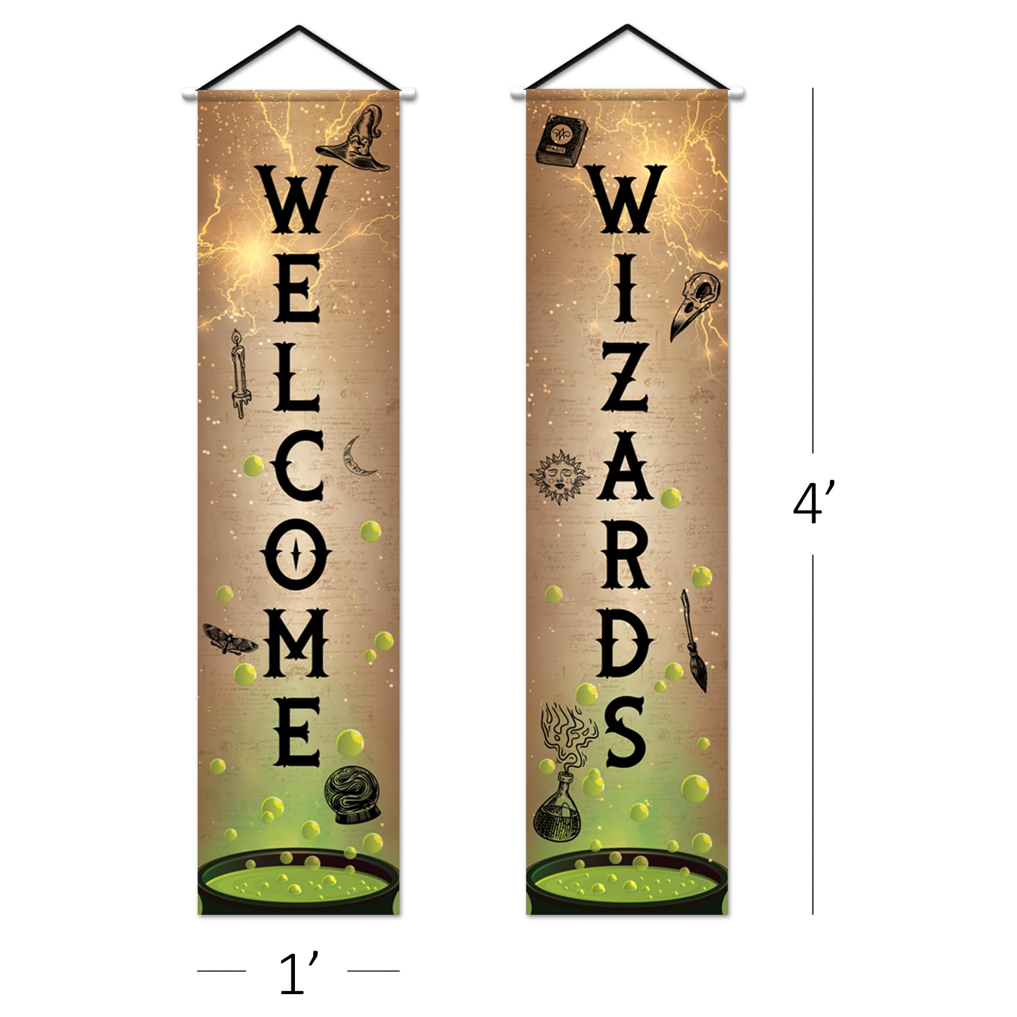 Welcome Wizards Door Banner - 2 Pieces - 4 Feet Long Wizard Banner - Polyester Magic Party Banners with Dowels and String for Easy Hanging