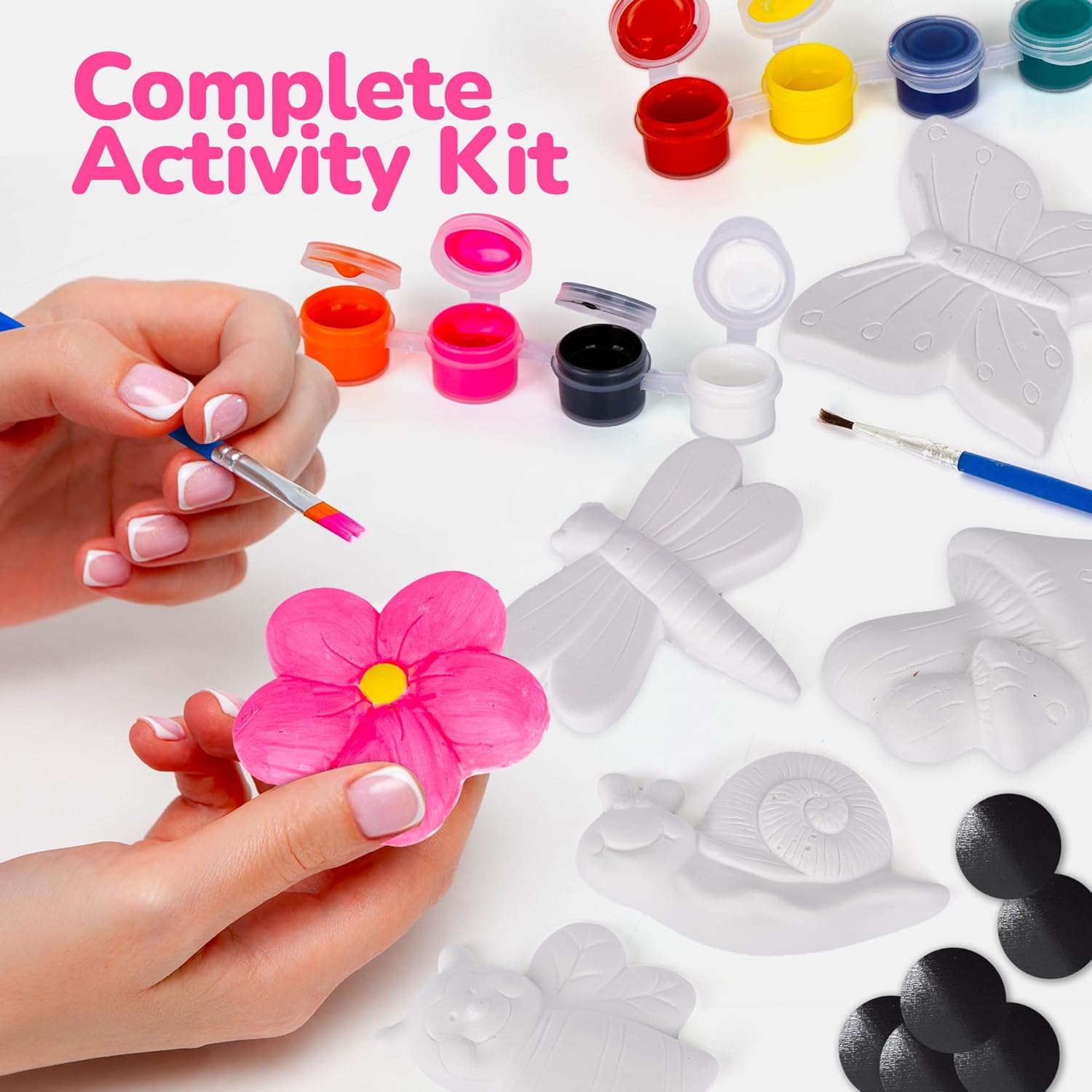 Insect Plaster Painting Kit for Kids - 6 Garden-Inspired Plaster Figurines, 2 Paint Sets, 2 Brushes, and 6 Circle Magnets for Display - 8 Different Paint Colors - Kids Painting Set