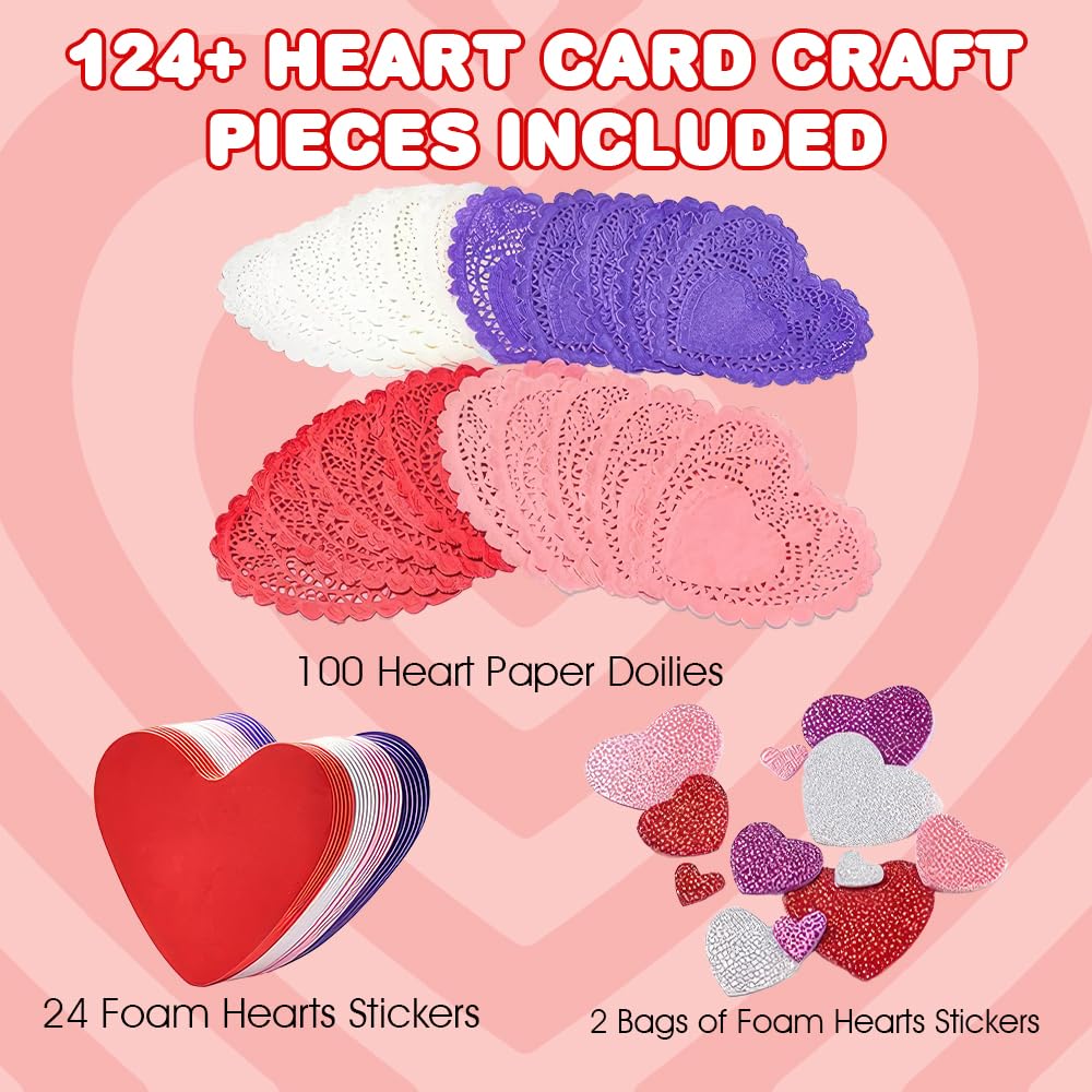 126+ Pcs Valentine's Day Heart Doilies Card Crafts for Kids - Valentine Day Crafts for Classroom Parties - Valentines Craft Supplies Kits with Heart Doilies and Glitter Foam Stickers