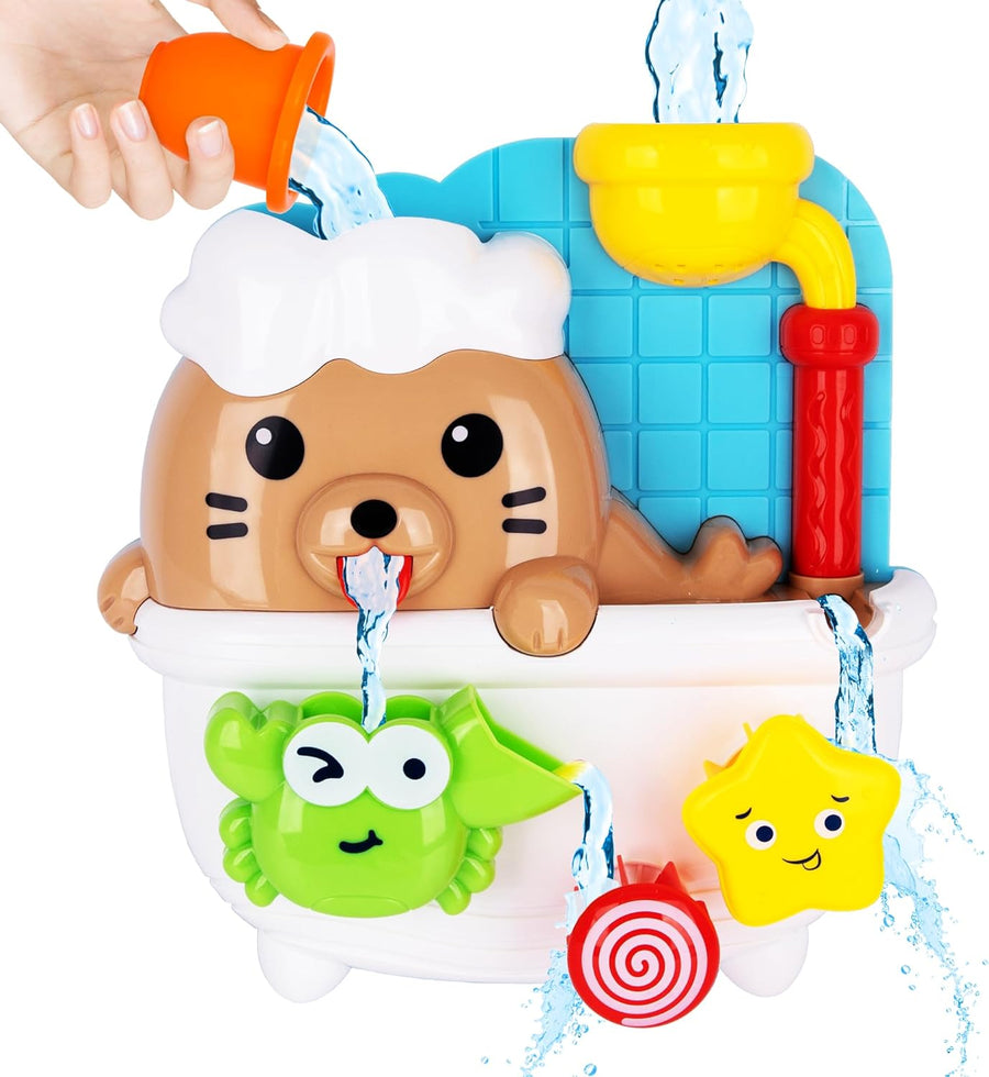 Sea Lion Bath Toy for Kids - Waterfall Bath Toy with Bobbing Crab, Spinning Wheel, and Strong Suction Cups