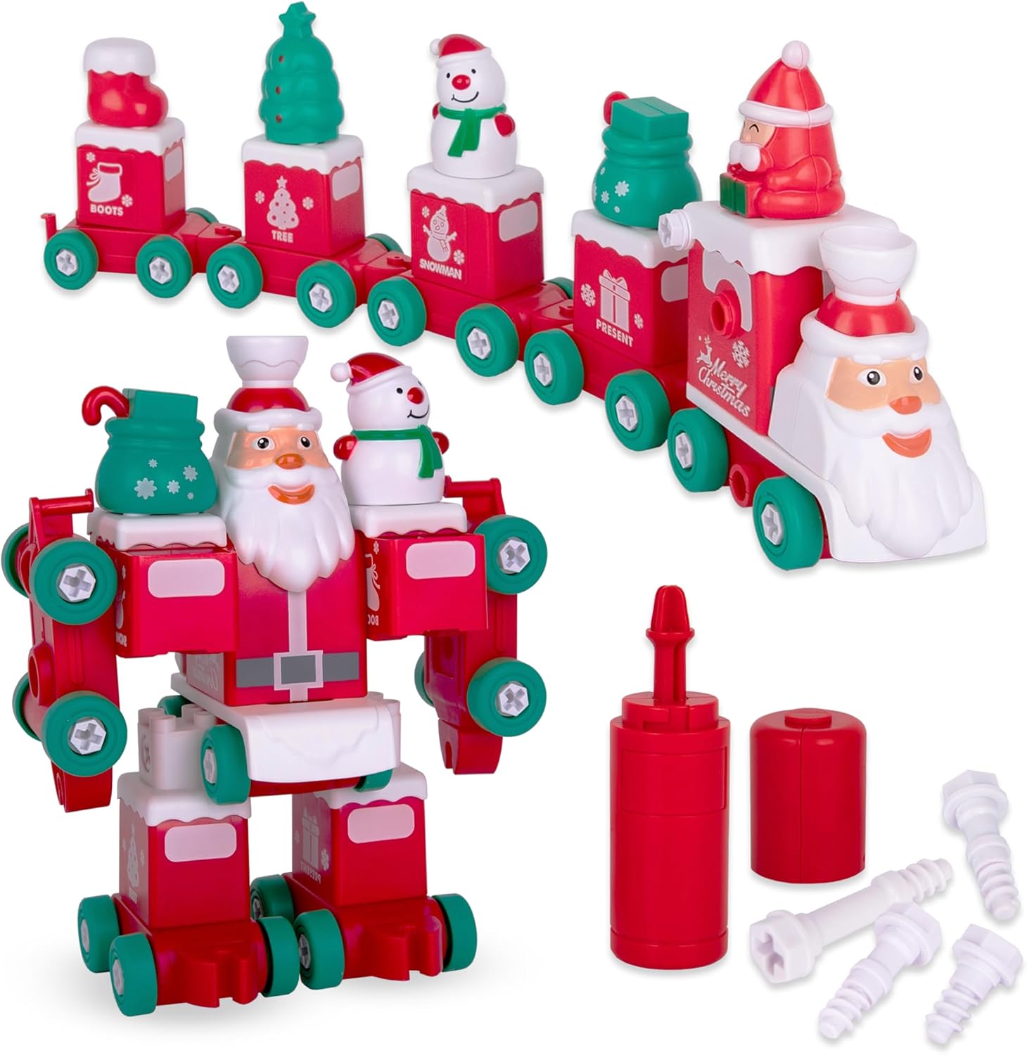 2 in 1 Transforming Santa Train - 73-Piece Robot Santa Toy with STEM Building Feature