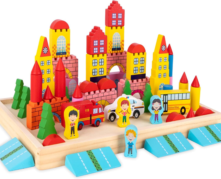 Wooden Town Playset for Kids - 55 Piece Block City Set - Wooden City Building Blocks Play Set with Buildings, Trees, Vehicles, and People - Wooden Tray for Storage and Display