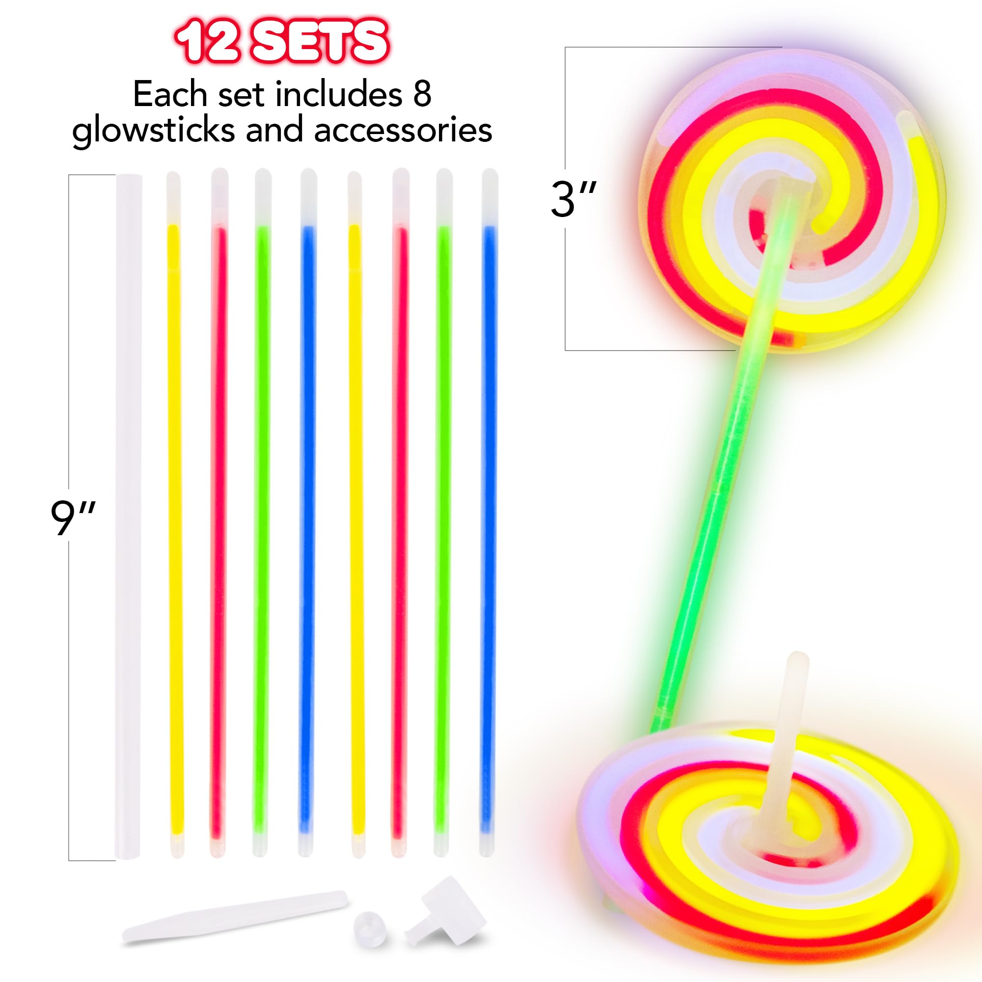 Kids Glow Stick Lollipop Spinner Wands - Set of 12 Light Up Spinning Toys - Glow Stick Wands That Double as Gyro Top Spinners