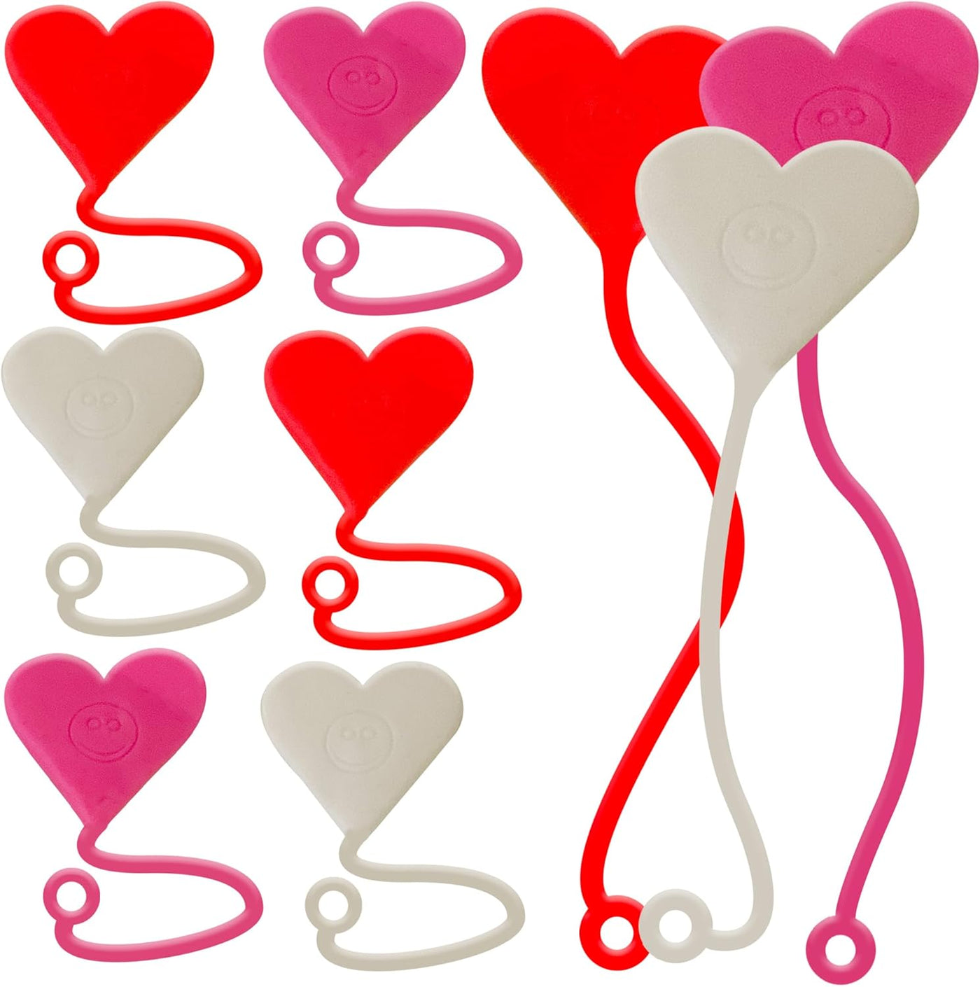 Sticky Heart Strings - Set of 48 - Valentines Day Heart Sticky Toy with Smiley Face - Valentines Sticky Hands for Kids