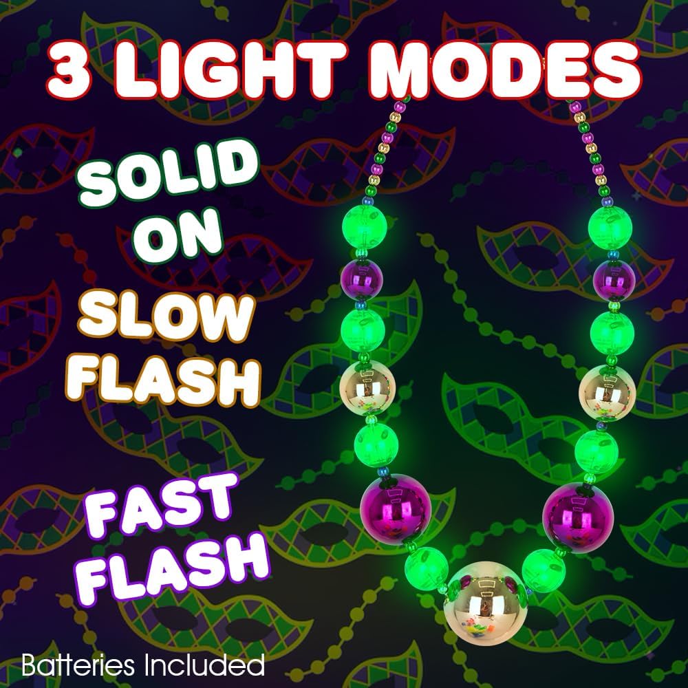 Large Light Up Mardi Gras Necklace - Mardi Gras Beads in Purple, Green, and Gold - 3 Flashing Modes with Batteries Included