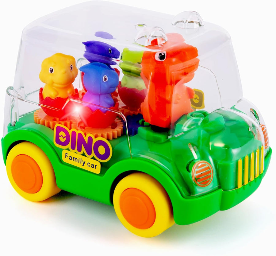 Light Up Dinosaur Car - Bump and Go Toy Car with Moving Gears, Music, Flashing LED's, and Engine Sounds