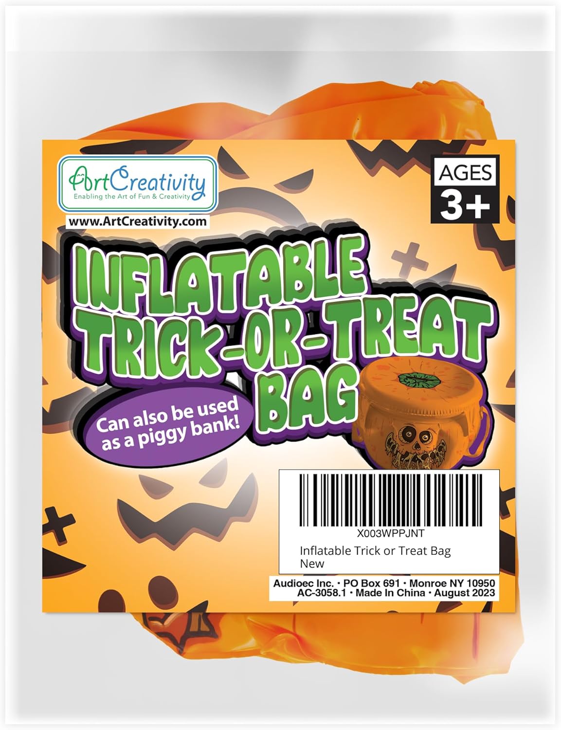 Inflatable Halloween Trick or Treat Bag - Kids Blow Up Halloween Candy Bag with Lid & Carry Straps - Doubles as Inflatable Halloween Candy Holder