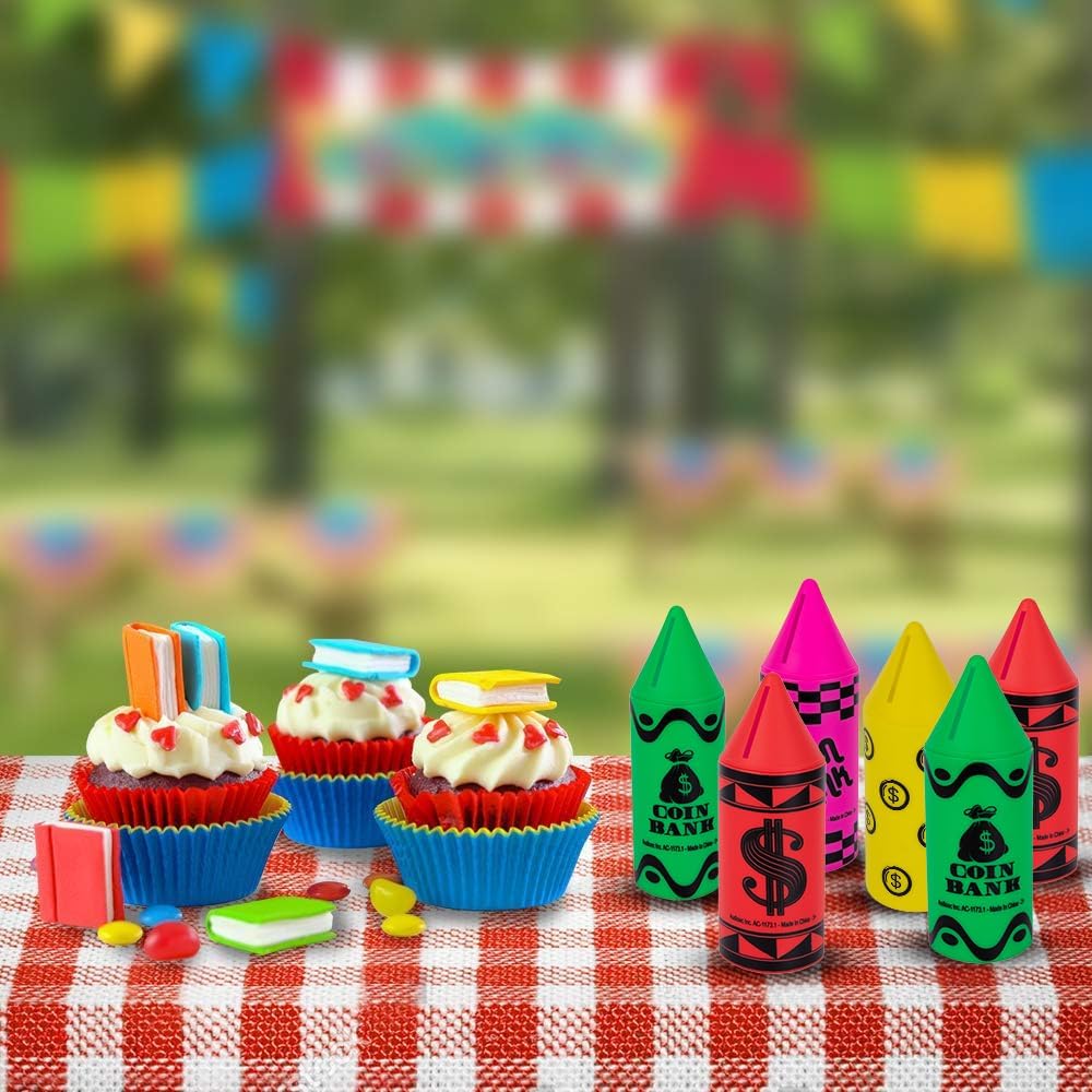 Crayon Coin Bank for Kids, Set of 12, Fun Money Saving Piggy Banks for Loose Change, 4 Vibrant Colors, Crayon Birthday Party Favors, Best Goodie Bag Fillers for Boys and Girls, 6"