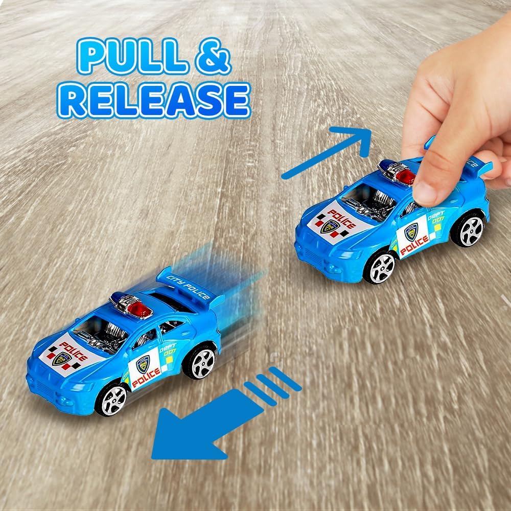 Pullback Mini Police Toy Cars for Kids, Set of 12, Pull Back Racers in Assorted Colors, Police Birthday Party Favors for Boys and Girls, Goodie Bag Fillers, Small Game Prizes