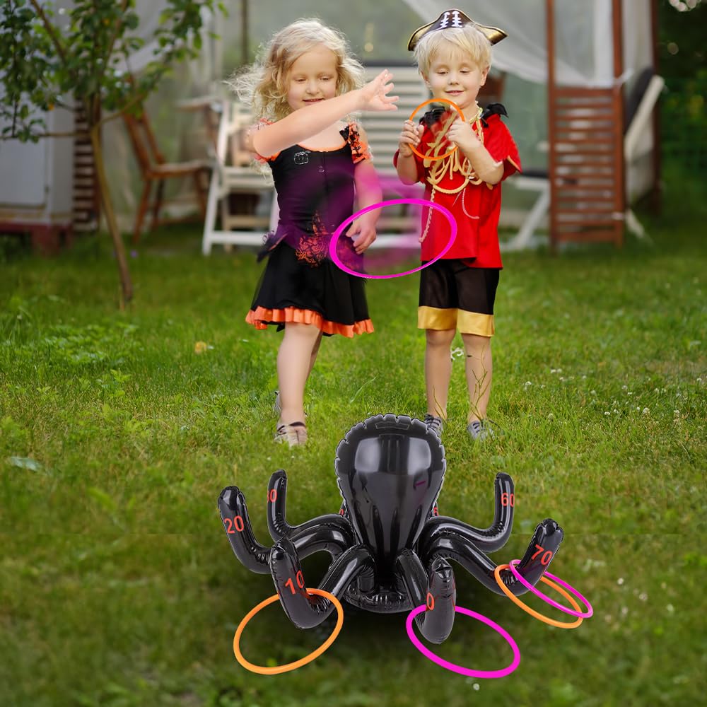 Halloween Ring Toss Game for Kids - 21 Piece Set - Inflatable Spider, 2 Witch Hat Inflates, 6 Plastic Rings, 12 Inflatable Rings, and Pump