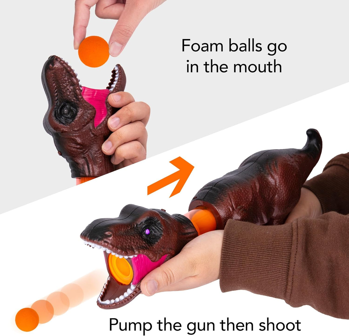 LED Dinosaur Foam Blaster Gun - Pump Action Foam Gun Toy with 12 Foam Balls - Roaring Sound Effects and Light Up Eyes - Batteries Included