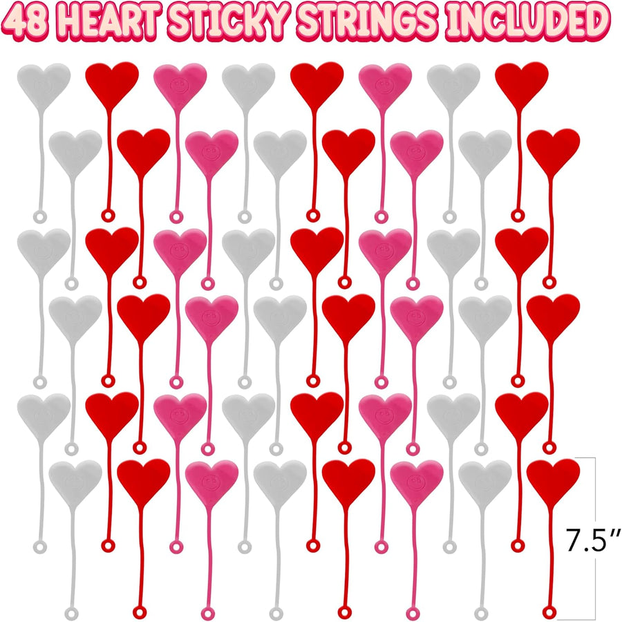 Sticky Heart Strings - Set of 48 - Valentines Day Heart Sticky Toy with Smiley Face - Valentines Sticky Hands for Kids