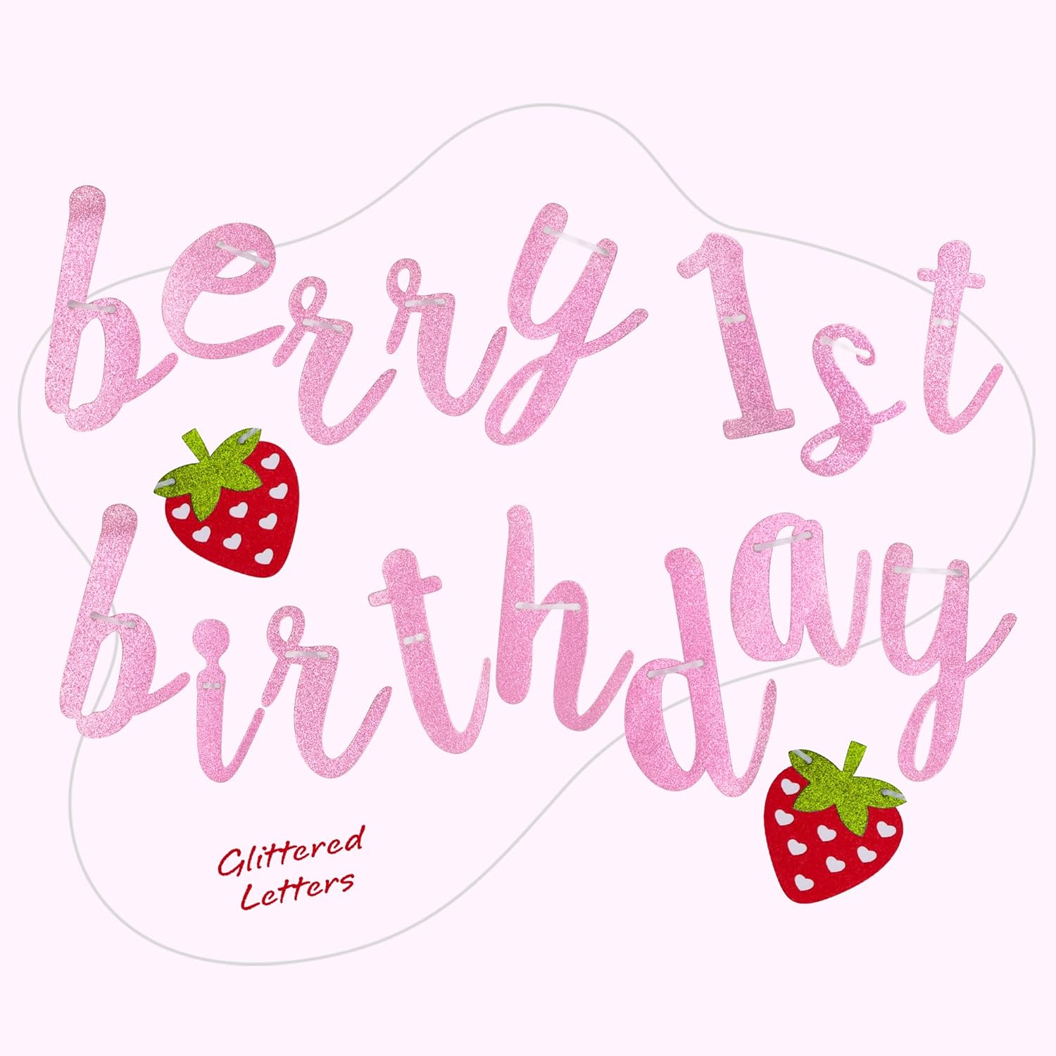 Berry First Birthday Banner - 1st Happy Birthday Banner with 3 Strawberry Cutouts and Letters in Pink Glitter - Cute Photo Backdrop for Boys and Girls - Strawberry Party Decorations