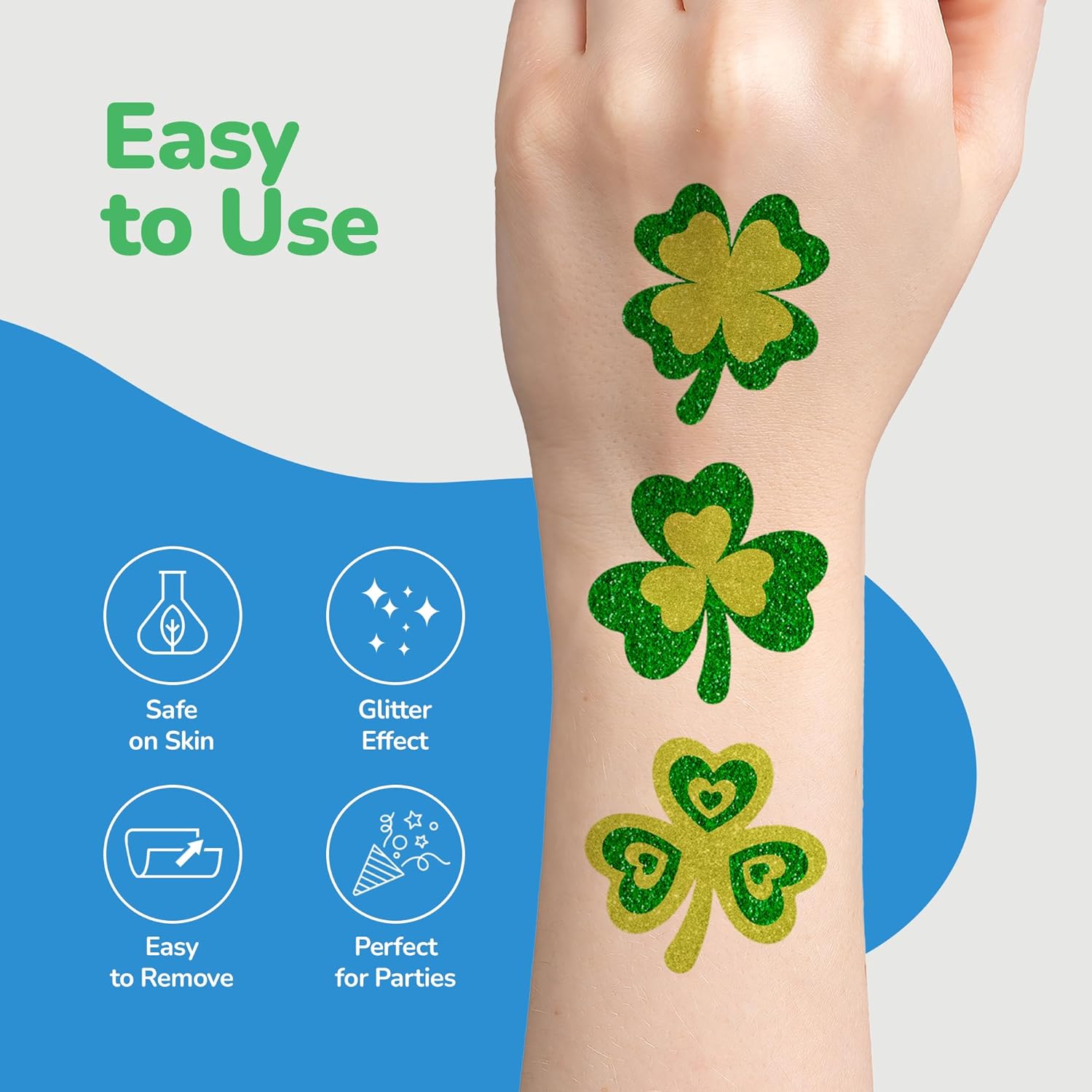 St Patrick’s Day Tattoos with Glitter - Set of 50 - Individual Temporary Shamrock Tattoos in 5 Designs - St. Patrick’s Day Party Favors - St Patty’s Accessories
