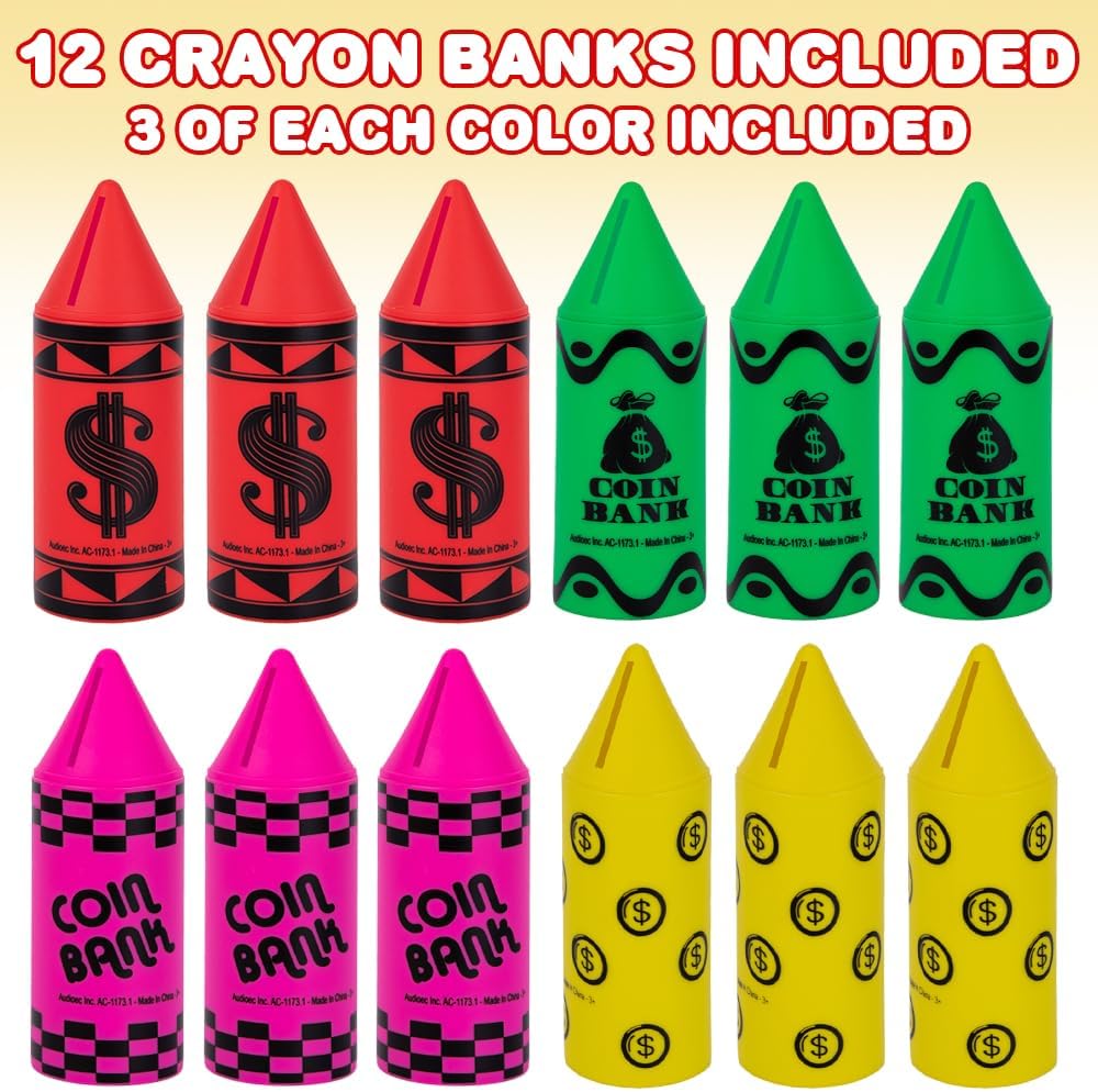 Crayon Coin Bank for Kids, Set of 12, Fun Money Saving Piggy Banks for Loose Change, 4 Vibrant Colors, Crayon Birthday Party Favors, Best Goodie Bag Fillers for Boys and Girls, 6"
