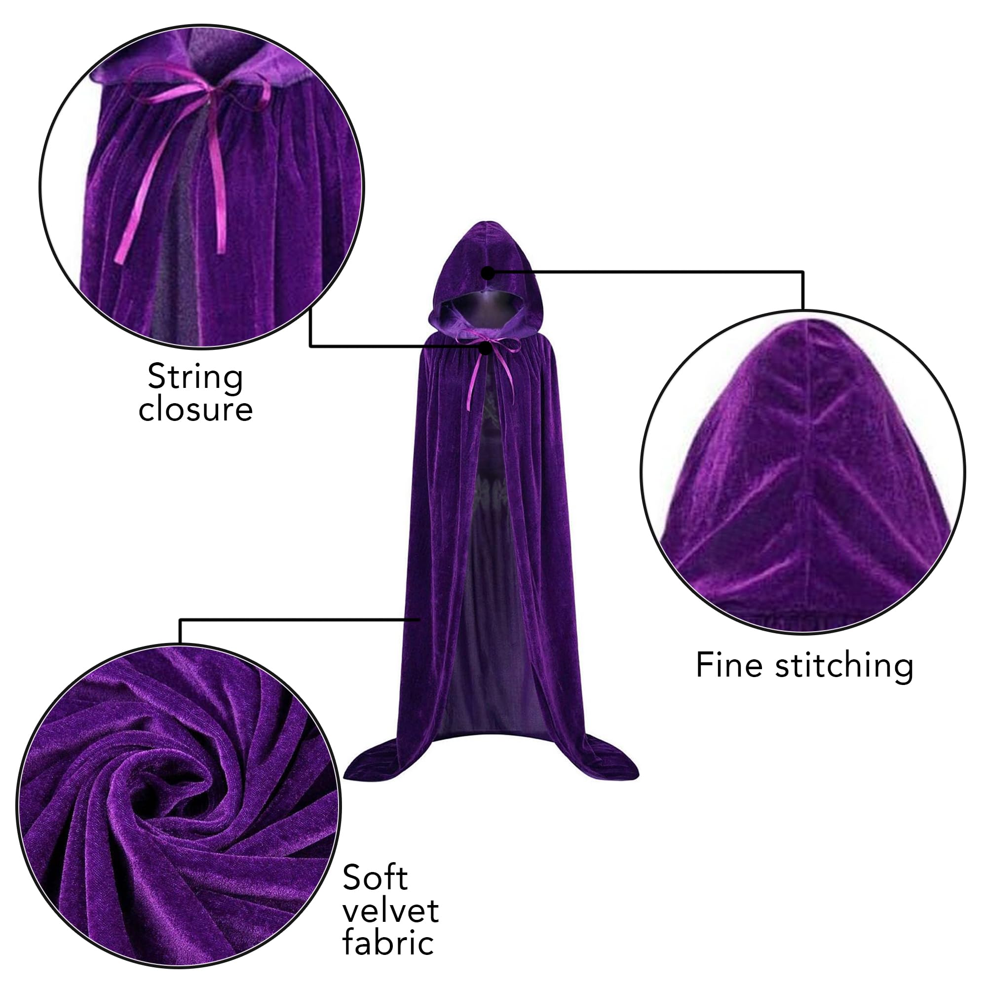 Velvet Purple Hooded Cloak for Kids - 3ft Long Kids Cloak - Dark Purple Cape with Hood and String Closure - Vampire Cape for Kids