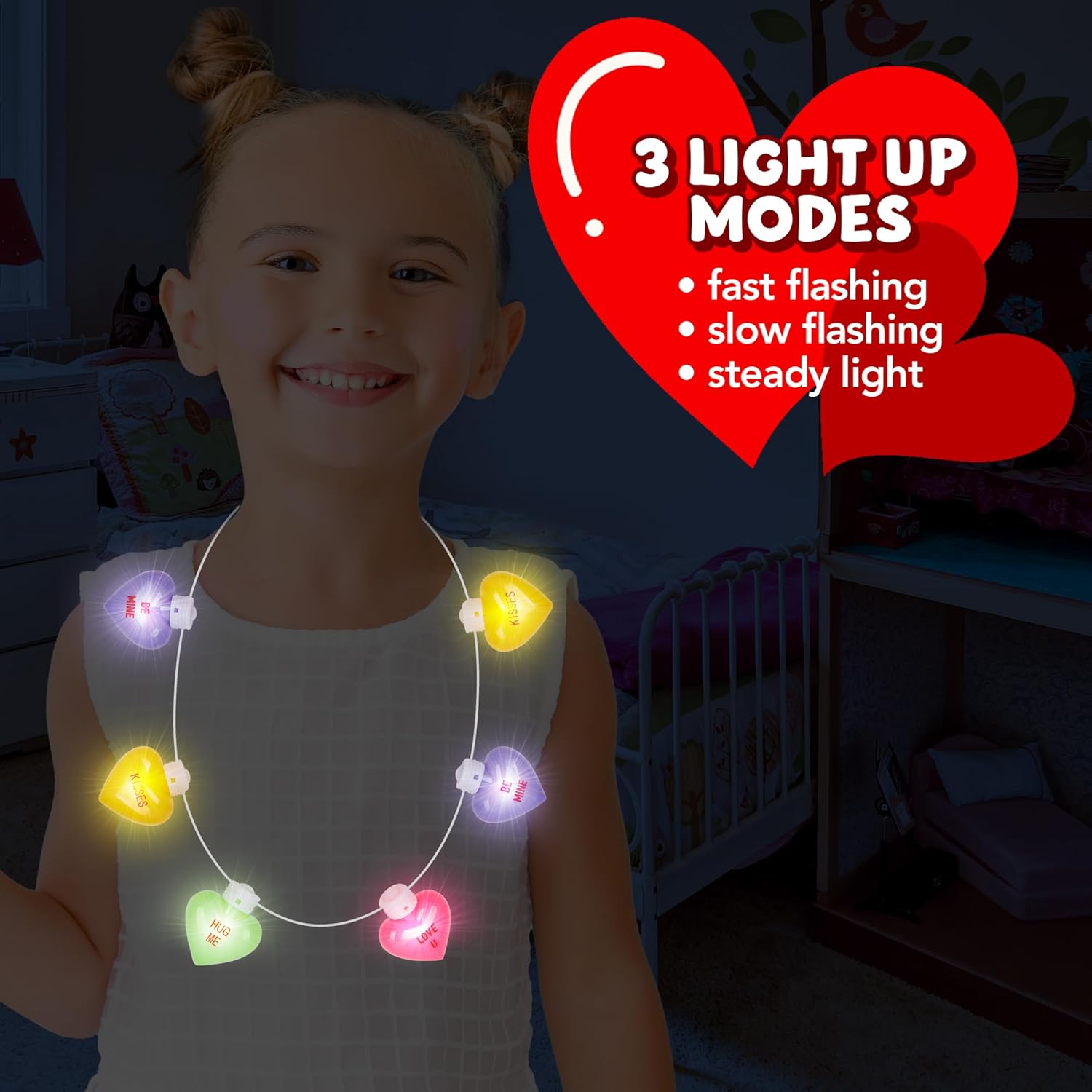 Valentines Day Light Up Necklace - Jumbo Heart Necklace with Cute Sayings - Lights Up in Multiple Colors - Heart Shaped LED Necklace for Girls and Boys