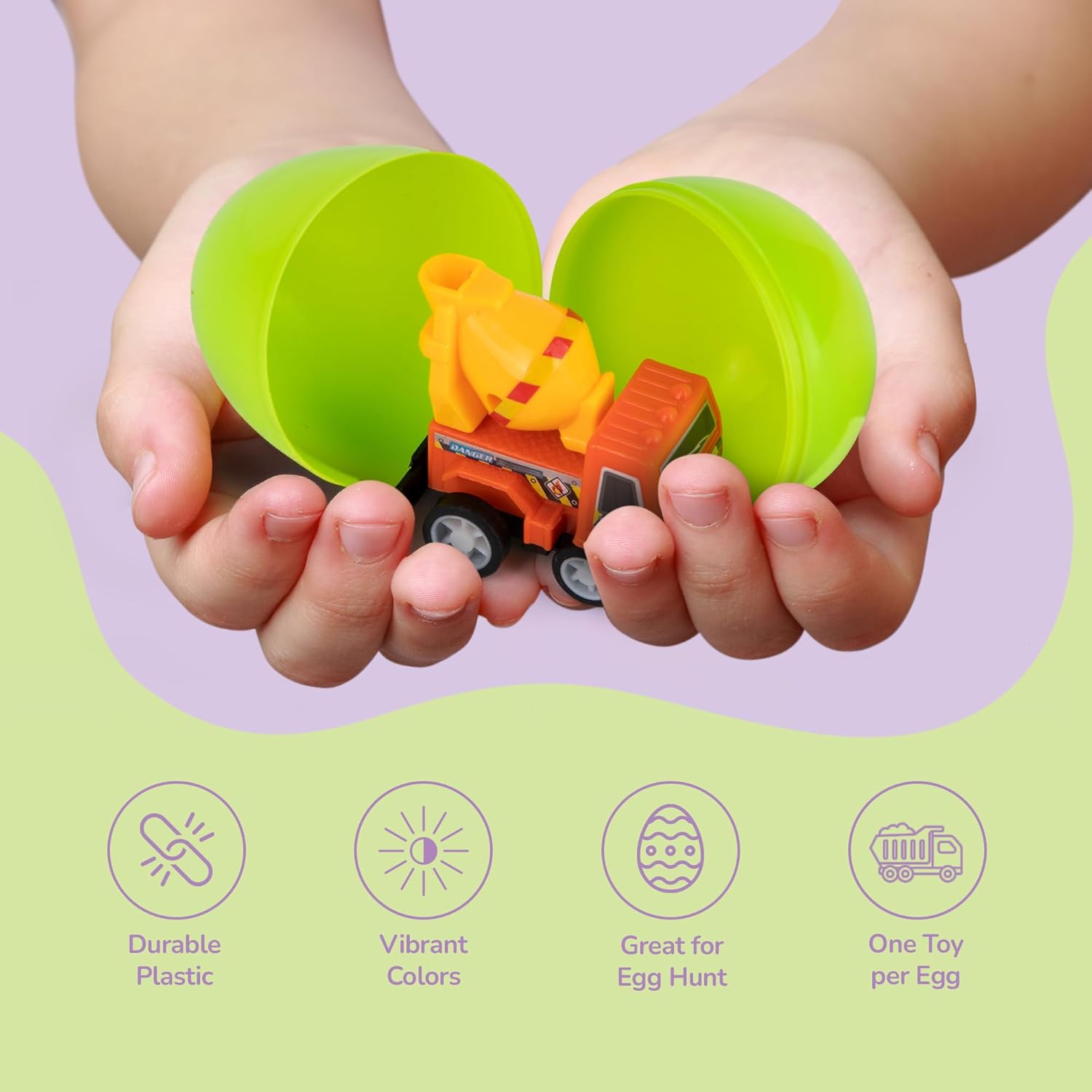 Pre Filled Easter Eggs with Vehicles Inside - Set of 12 - Colorful Surprise Eggs for Kids with Pullback Construction Truck Toys - Easter Egg Hunt Supplies