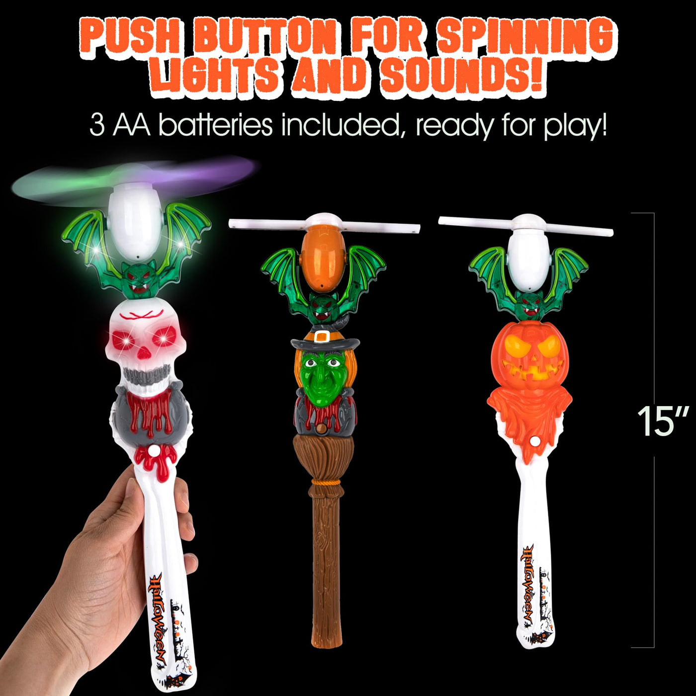 Halloween Light Up Spinner Wands with Sounds, Set of 3 LED Halloween Wands, Witch, Pumpkin, and Skull Wands for Kids