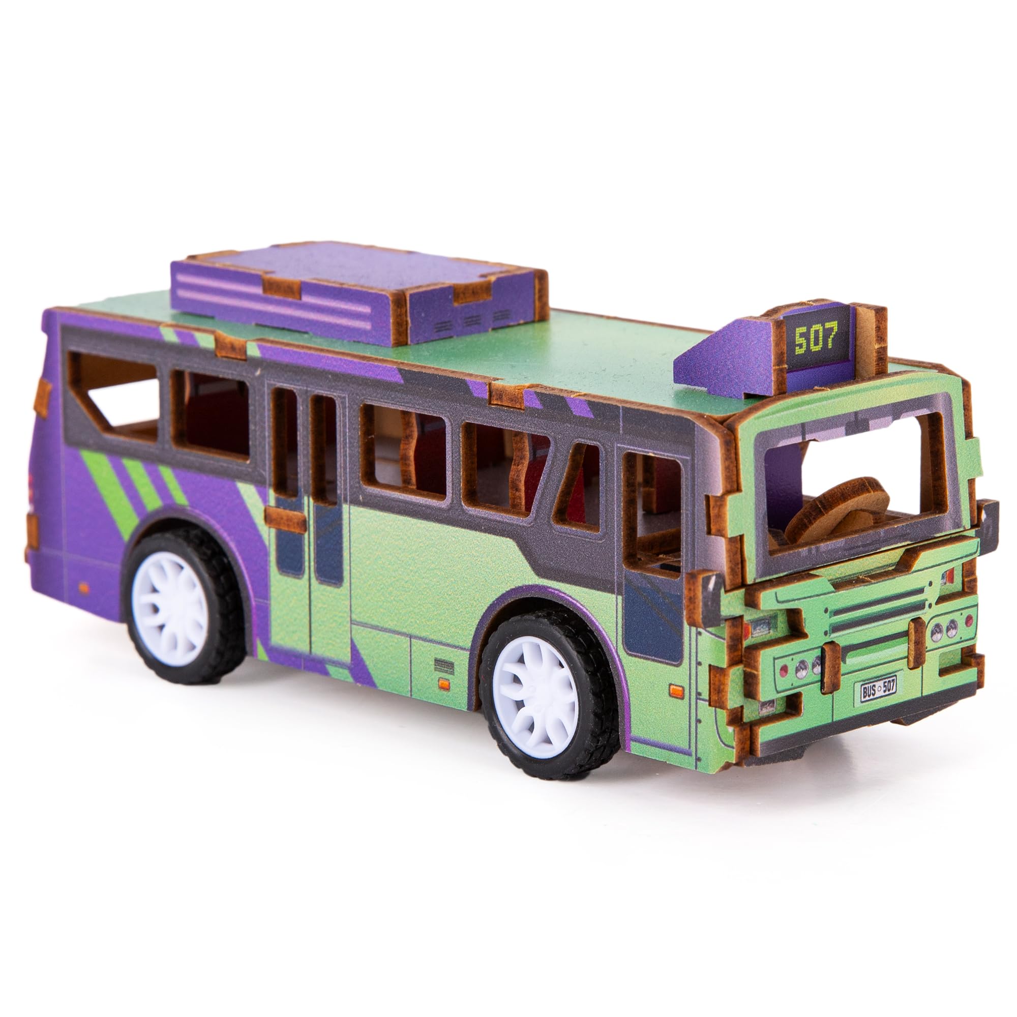 3D Puzzle Car Toy (Bus) - Wooden Car Building Kit for Kids - STEM Wood Building Kit with Pullback Mechanism - Wooden Puzzle Model Car Kit