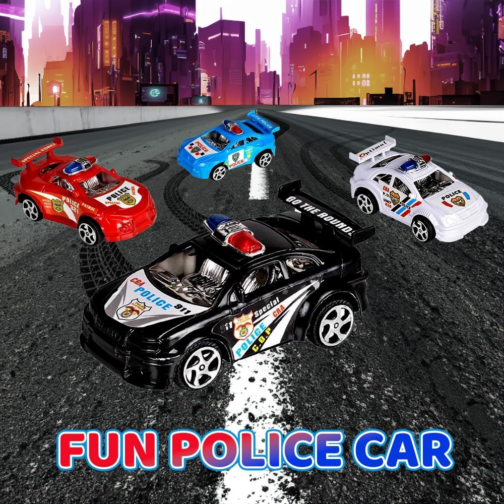 Pullback Mini Police Toy Cars for Kids, Set of 12, Pull Back Racers in Assorted Colors, Police Birthday Party Favors for Boys and Girls, Goodie Bag Fillers, Small Game Prizes