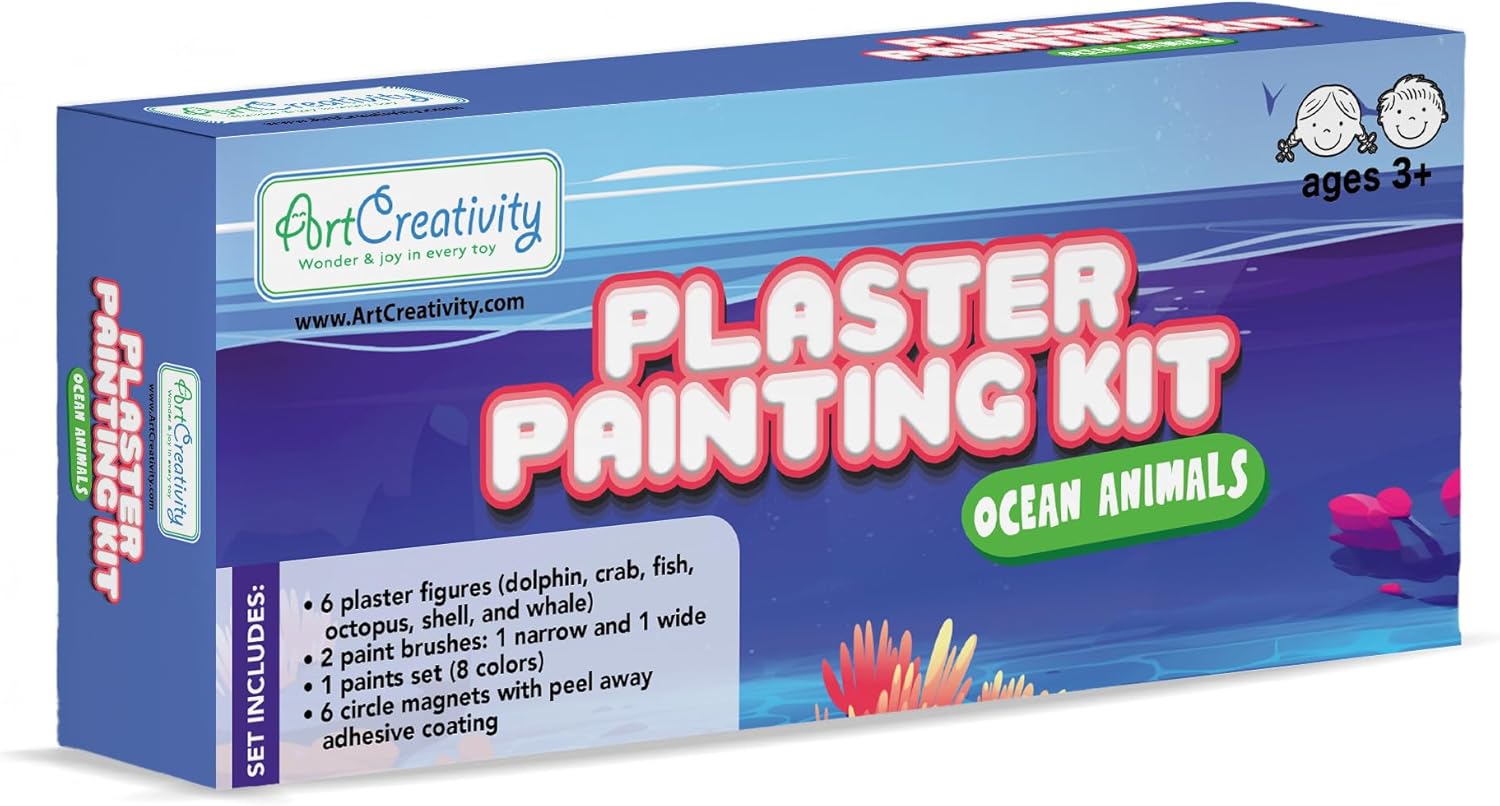 Ocean Animals Plaster Painting Kit for Kids - 6 Aquatic Plaster Figurines, 2 Paint Sets, 2 Brushes, and 6 Circle Magnets for Display - 8 Different Paint Colors - Kids Painting Set