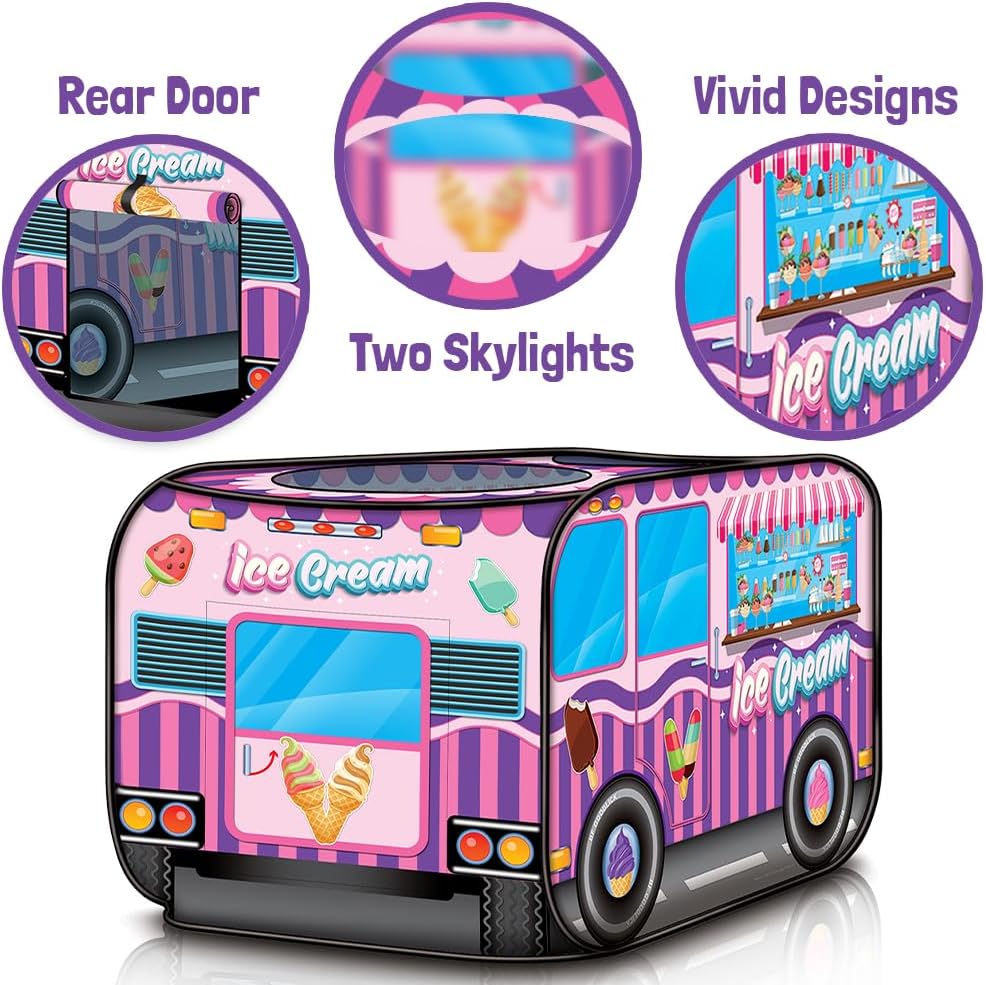 Ice Cream Truck Tent with Carry Bag, Pop Up Indoor - Outdoor Tent for Kids, Indoor Playhouse with 2 Openings, Flat-Folding Play Tent for Toddlers, Compact Storage 43.5 x 28 x 26.5"es