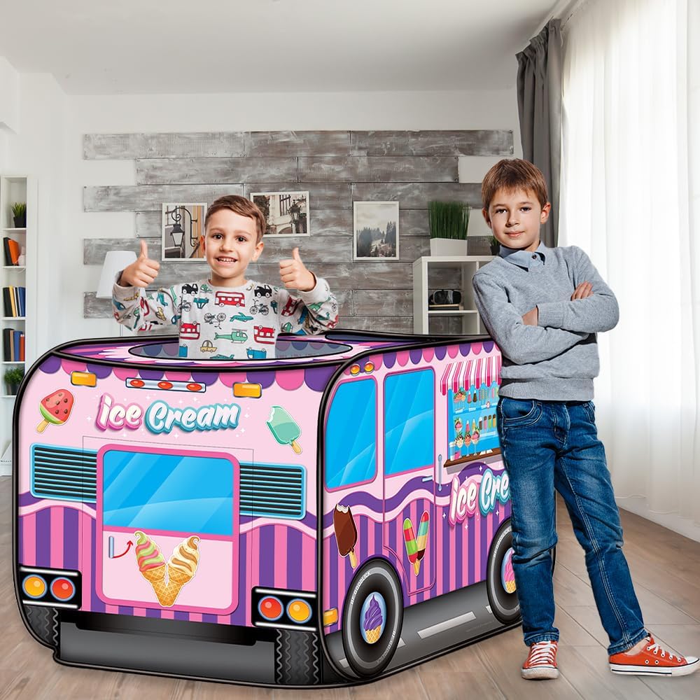 Ice Cream Truck Tent with Carry Bag, Pop Up Indoor - Outdoor Tent for Kids, Indoor Playhouse with 2 Openings, Flat-Folding Play Tent for Toddlers, Compact Storage 43.5 x 28 x 26.5"es