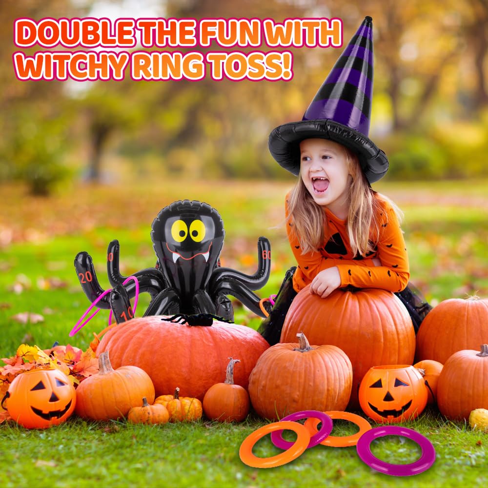 Halloween Ring Toss Game for Kids - 21 Piece Set - Inflatable Spider, 2 Witch Hat Inflates, 6 Plastic Rings, 12 Inflatable Rings, and Pump