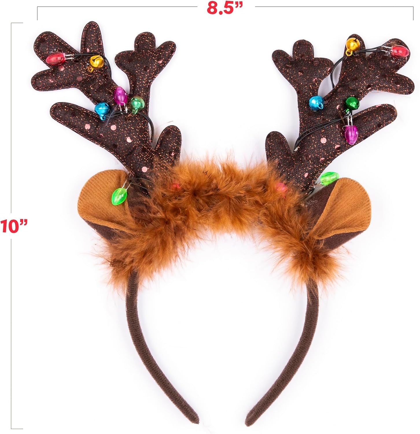 Light Up Christmas Reindeer Headbands - Set of 2 - Christmas Reindeer Antlers Headband Set - Reindeer Ears Headbands with LED Lights and Jingling Bells