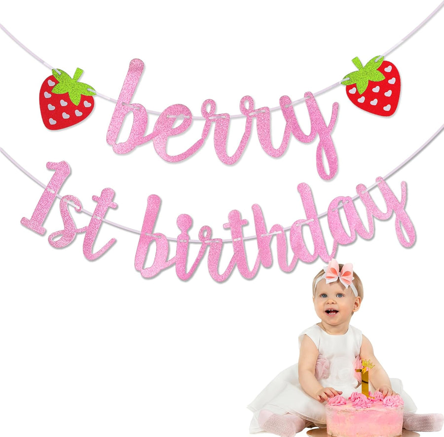 Berry First Birthday Banner - 1st Happy Birthday Banner with 3 Strawberry Cutouts and Letters in Pink Glitter - Cute Photo Backdrop for Boys and Girls - Strawberry Party Decorations