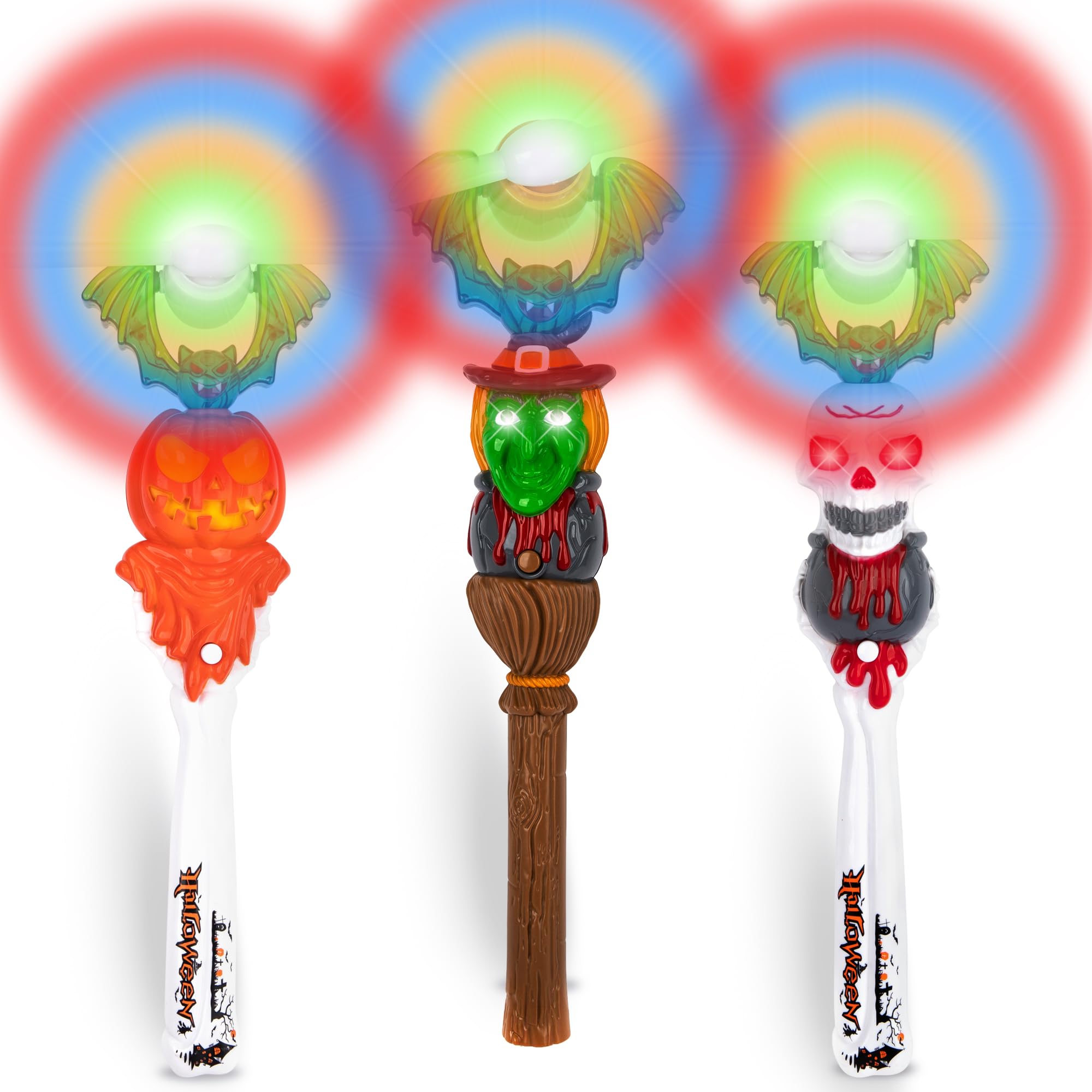 Halloween Light Up Spinner Wands with Sounds, Set of 3 LED Halloween Wands, Witch, Pumpkin, and Skull Wands for Kids